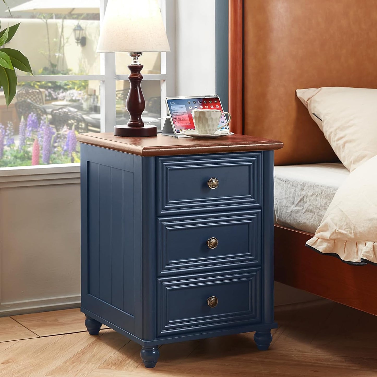 18" Farmhouse Nightstand Set 2 with Charging Station and USB Port, Blue Night Stand with 3 Drawers, Wood Bedside End Table with Storage, Bed Side Tables for Bedroom Living Room and Closet