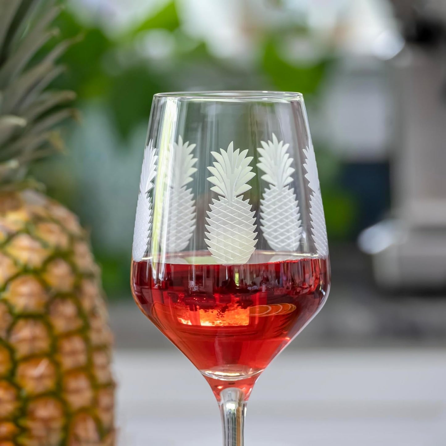 Rolf Glass Fresh Pineapple All Purpose Wine Glass | 19.5oz Stemmed Glass | Lead-Free and Diamond-Wheel Engraved | Tropical Etched Pineapple Design | Coastal Glassware | Set of 4