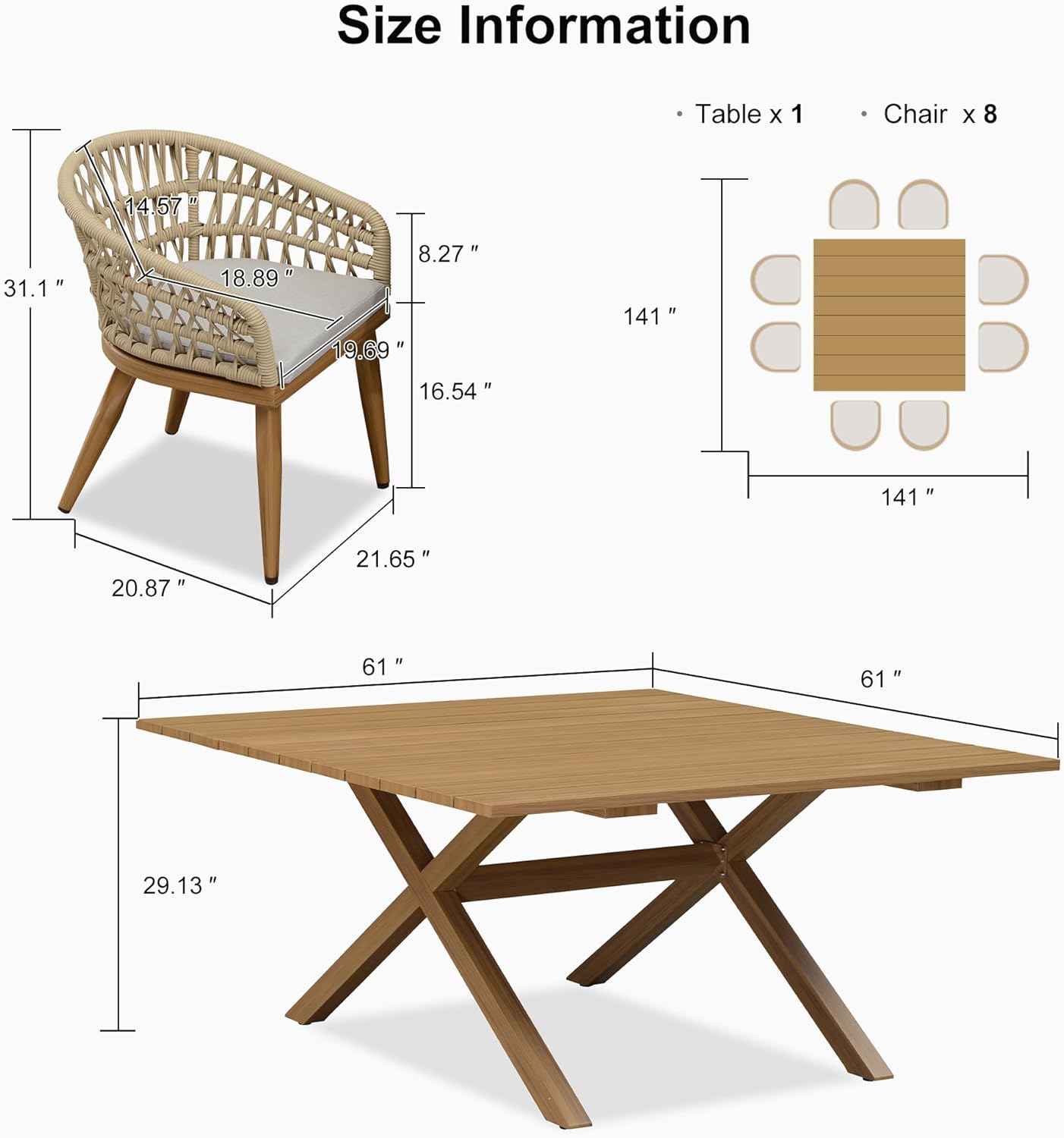 PURPLE LEAF 9 Pieces Outdoor Dining Set All-Weather PE Rattan Outdoor Patio Furniture Set with All Aluminum Frame Square Table and Chairs Set for Lawn Garden Backyard Deck, Teak
