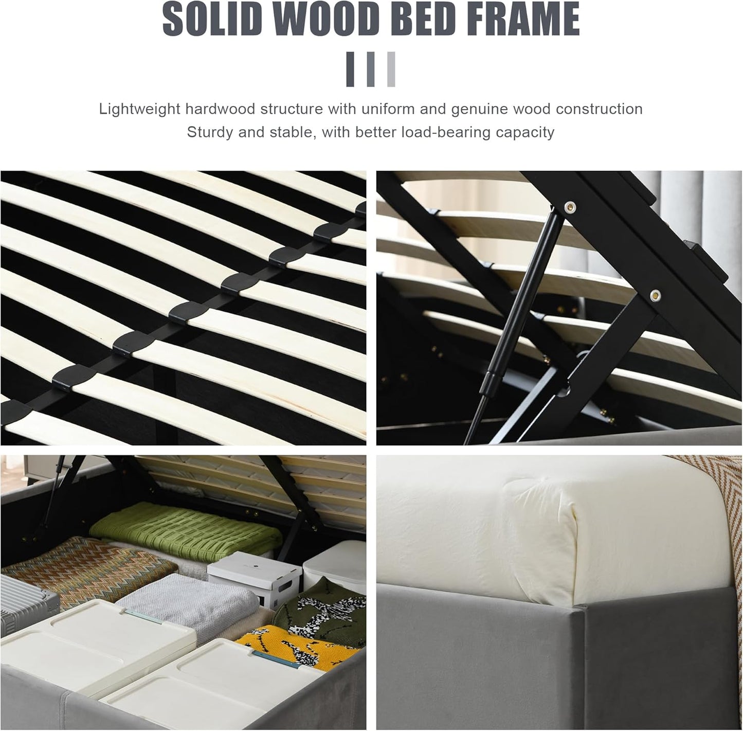 PINJU Queen Size Storage Bed with Hydraulic Lift, Upholstered Platform Bed, Simple Vertical Line Design, Wooden Slat Support, No Spring Required (Grey, Queen (U.S. Standard))