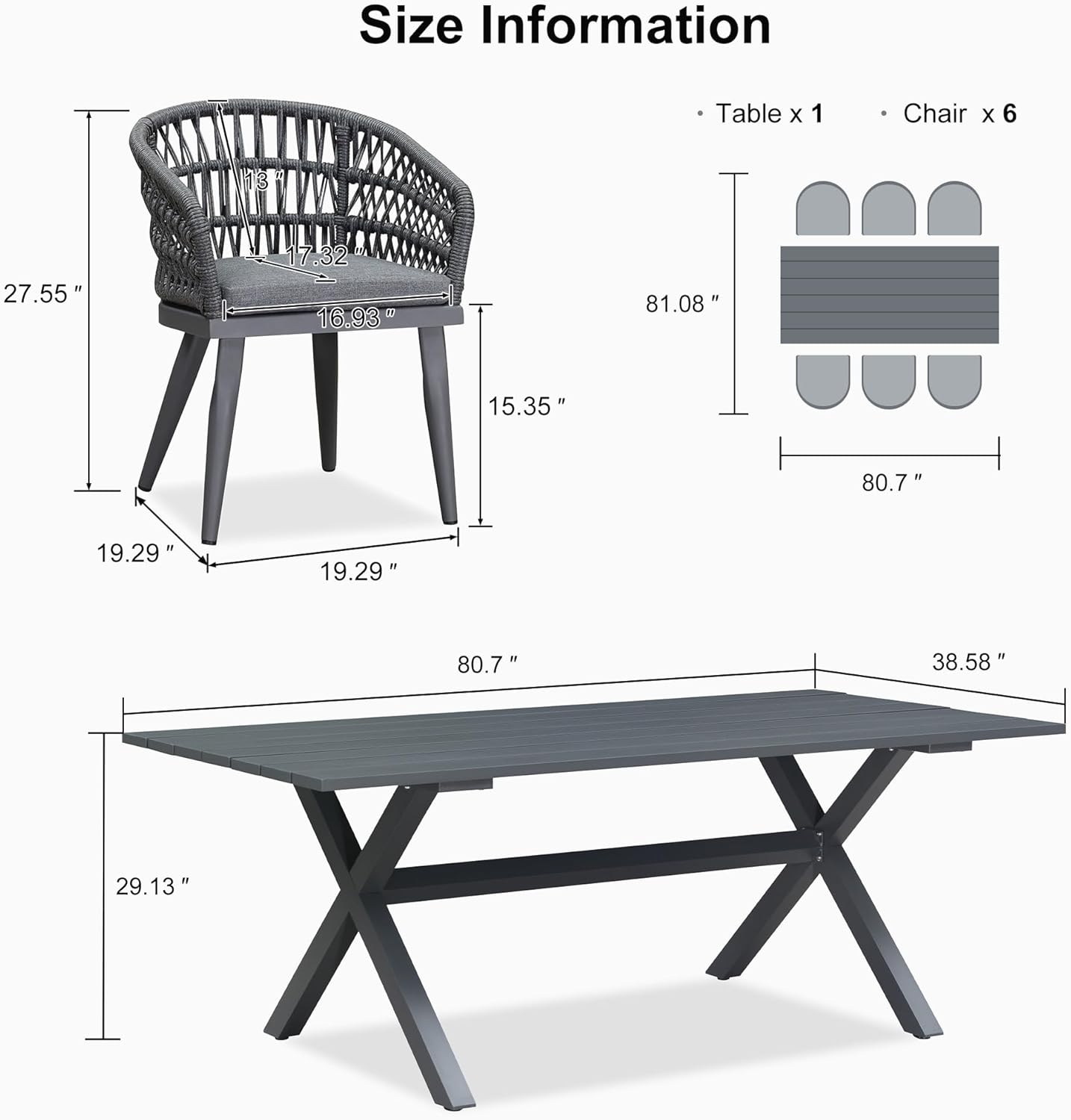 PURPLE LEAF Outdoor Dining Set All-Weather PE Rattan Patio Dining Furniture Set with All Aluminum Frame Rectangular Table and 6 Chairs Set for Lawn Garden Backyard Deck, Grey