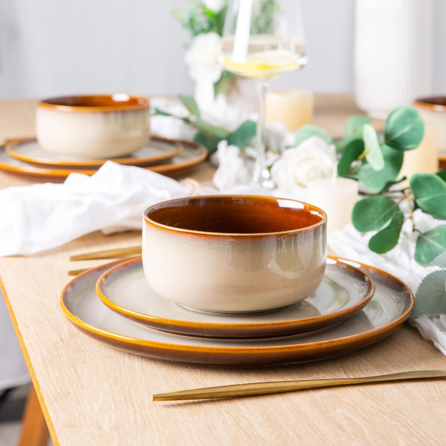 LERATIO Ceramic Dinnerware Sets for 8,Plates and Bowls Sets,Reactive Glaze Dishes Set,Highly Chip and Crack Resistant | Dishwasher & Microwave & Oven Safe Dishes set,Service for 8-Kahki (24pc)