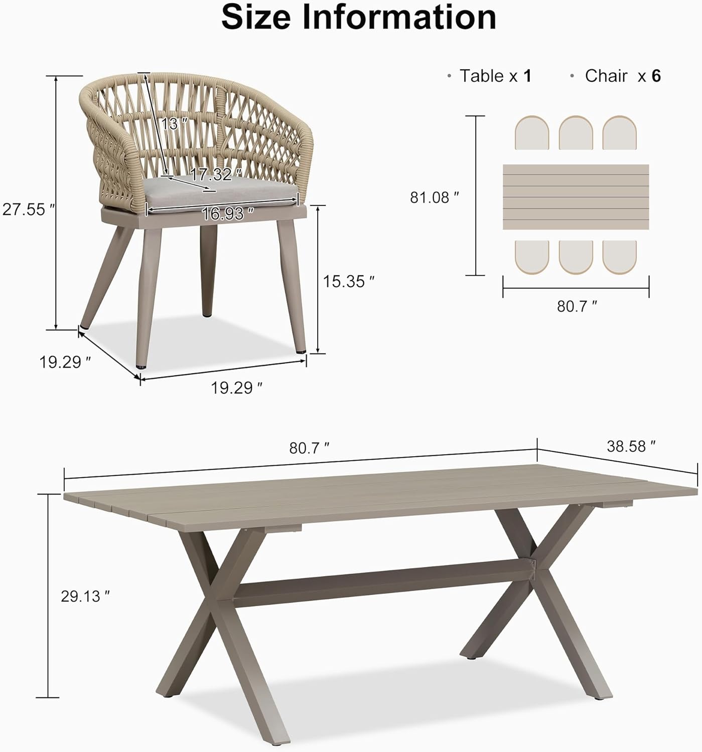 PURPLE LEAF Outdoor Dining Set All-Weather PE Rattan Patio Dining Furniture Set with All Aluminum Frame Rectangular Table and 6 Chairs Set for Lawn Garden Backyard Deck, Champagne