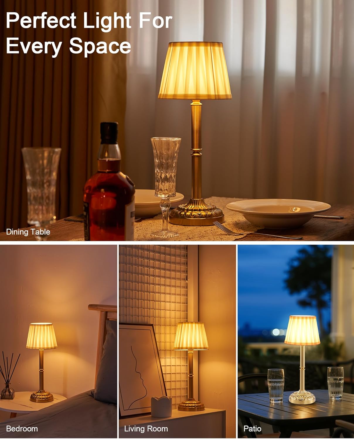 Vintage Brass Cordless Rechargeable Table Lamp with Fabric Shade – Small Battery Operated Lamp, 3-Level Dimmer, Portable Wireless Lighting for Restaurant Dining Bedside Kitchen Living Room Patio