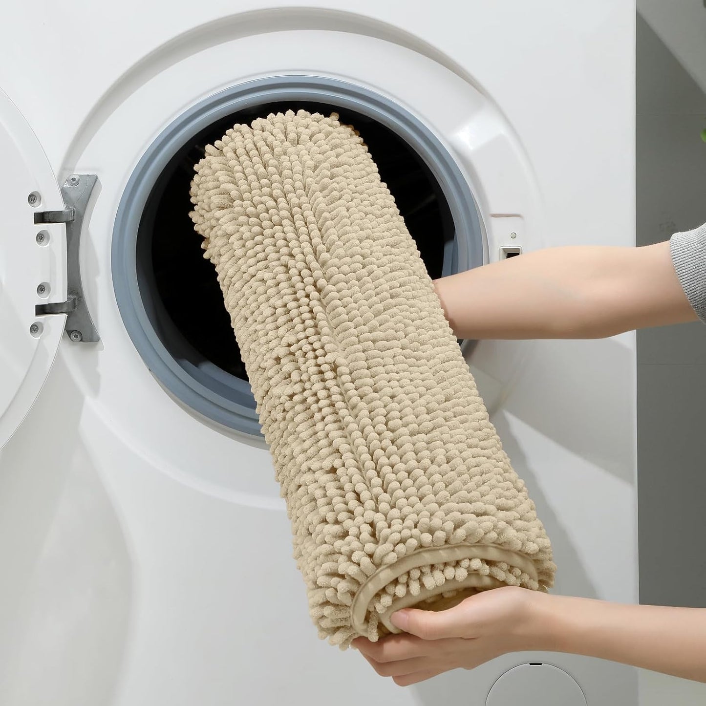 HOMEIDEAS 3 Pieces Bathroom Rugs, Ultra Soft Non Slip Absorbent Chenille Toilet Bath Mat Set (Beige,17"x24"+20"x32"+U Shape 20"x24")