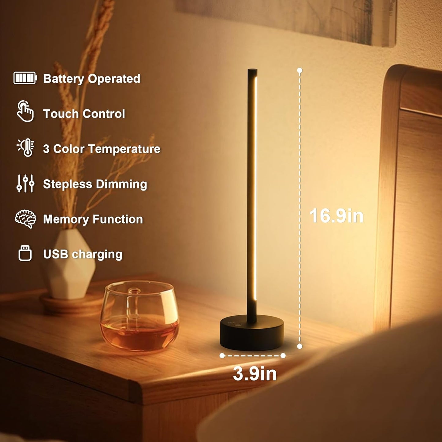 Cordless LED Table Lamp, Battery Operated Portable Desk Lamp,Dimmable/3 Color/Memory Function,Modern Rechargeable Table Light for Living Room,Bedroom,Bedside,Black
