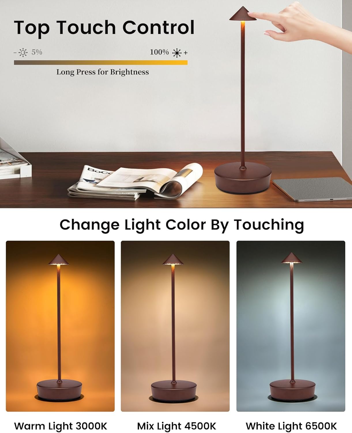 Cordless Led Table Desk Lamp 2 Pack, 7000mAh Battery Outdoor Table Light Waterproof for Restaurant Patio Camping Home Decor, USB-A Output, Brightness Memory, Dimmable