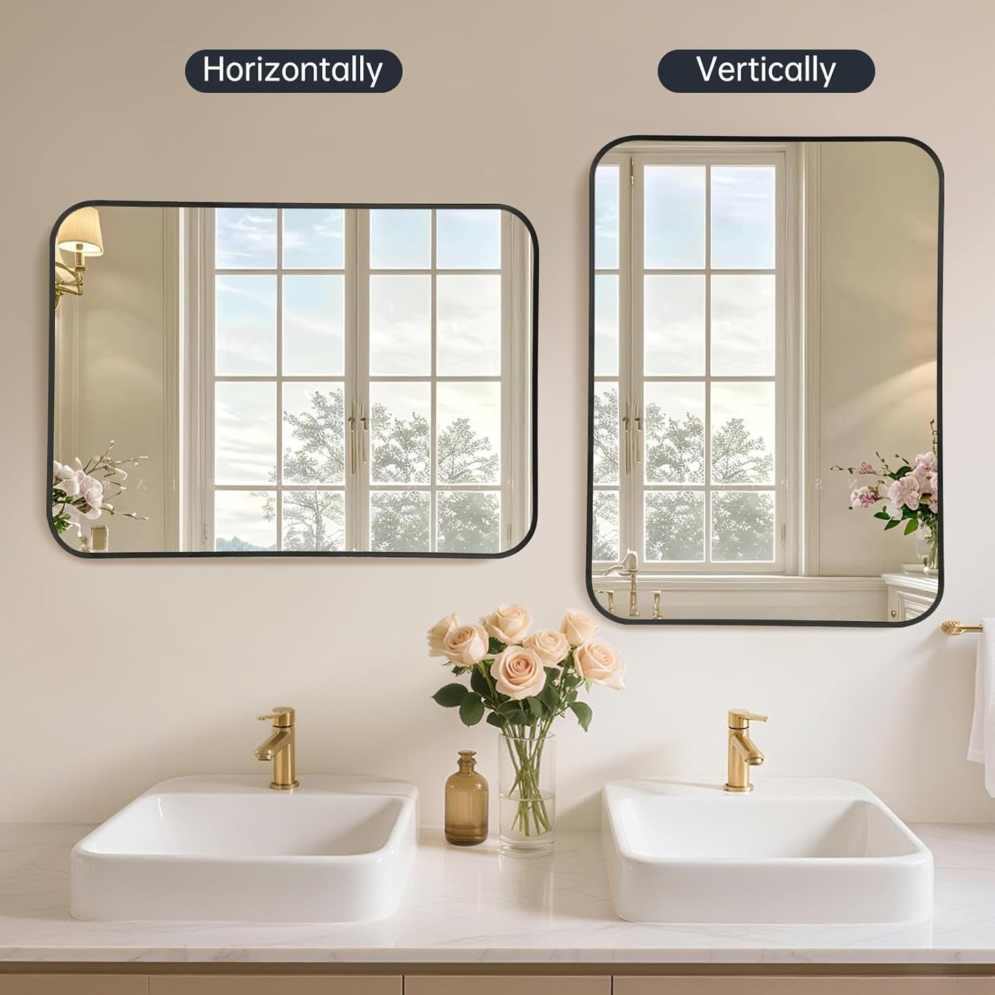 20x28 Inch Bathroom Mirror - Matte Black Framed Rectangle with Rounded Corner, Aluminum Alloy Framed Brushed Wall Mirror for Bedroom or Living Room, Vertical or Horizontal