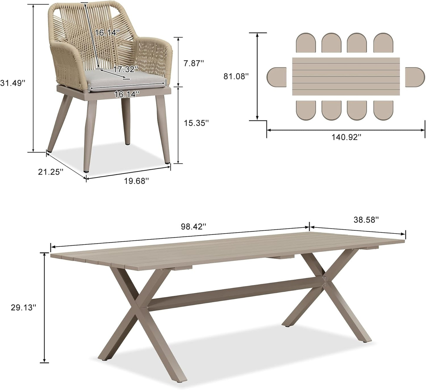 PURPLE LEAF 11 Pieces Outdoor Dining Set All-Weather PE Rattan Outdoor Patio Furniture Set with All Aluminum Frame Rectangular Table and Chairs Set for Lawn Garden Backyard Deck, Champagne