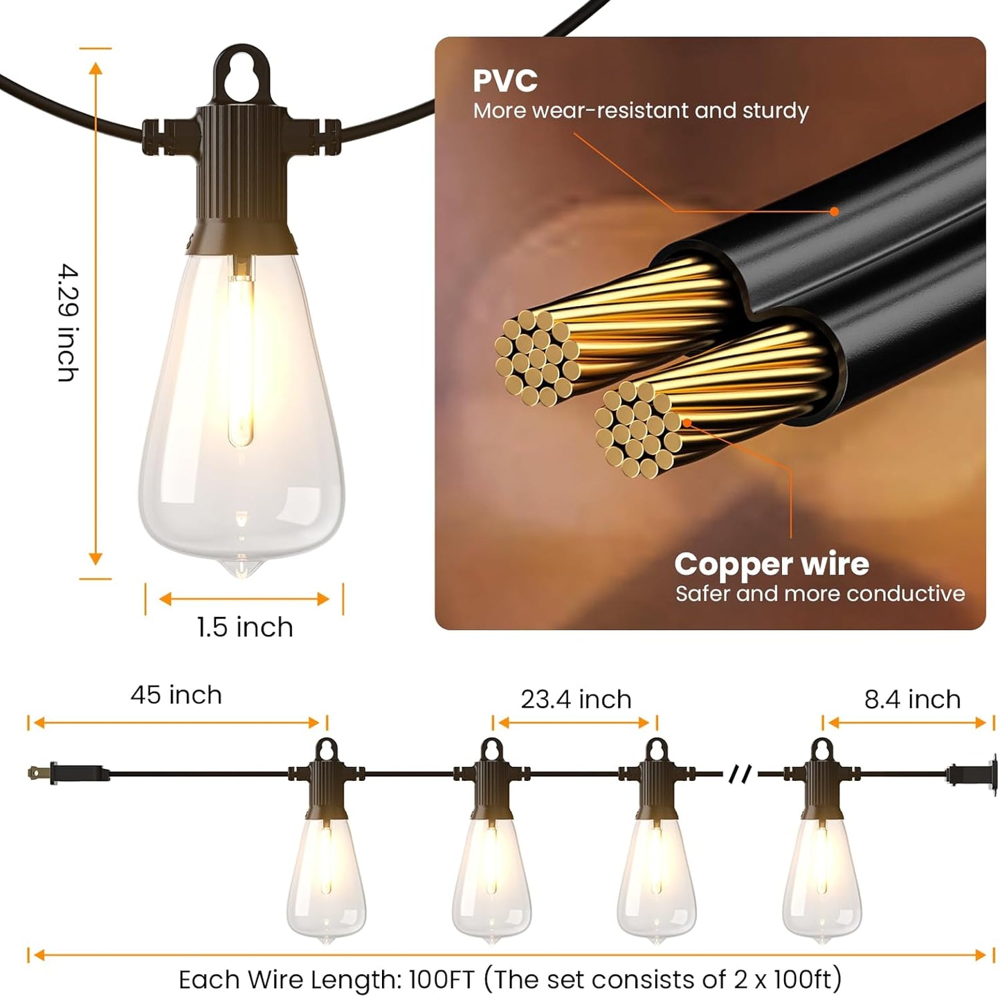 KAWAYA 200FT Patio String Lights: 100+4 Dimmable Waterproof Shatterproof LED Vintage String Lights,Commercial Outdoor Lights for Porch Backyard Garden Bistro Outside Balcony Gazebo Party Cafe(100FTx2)
