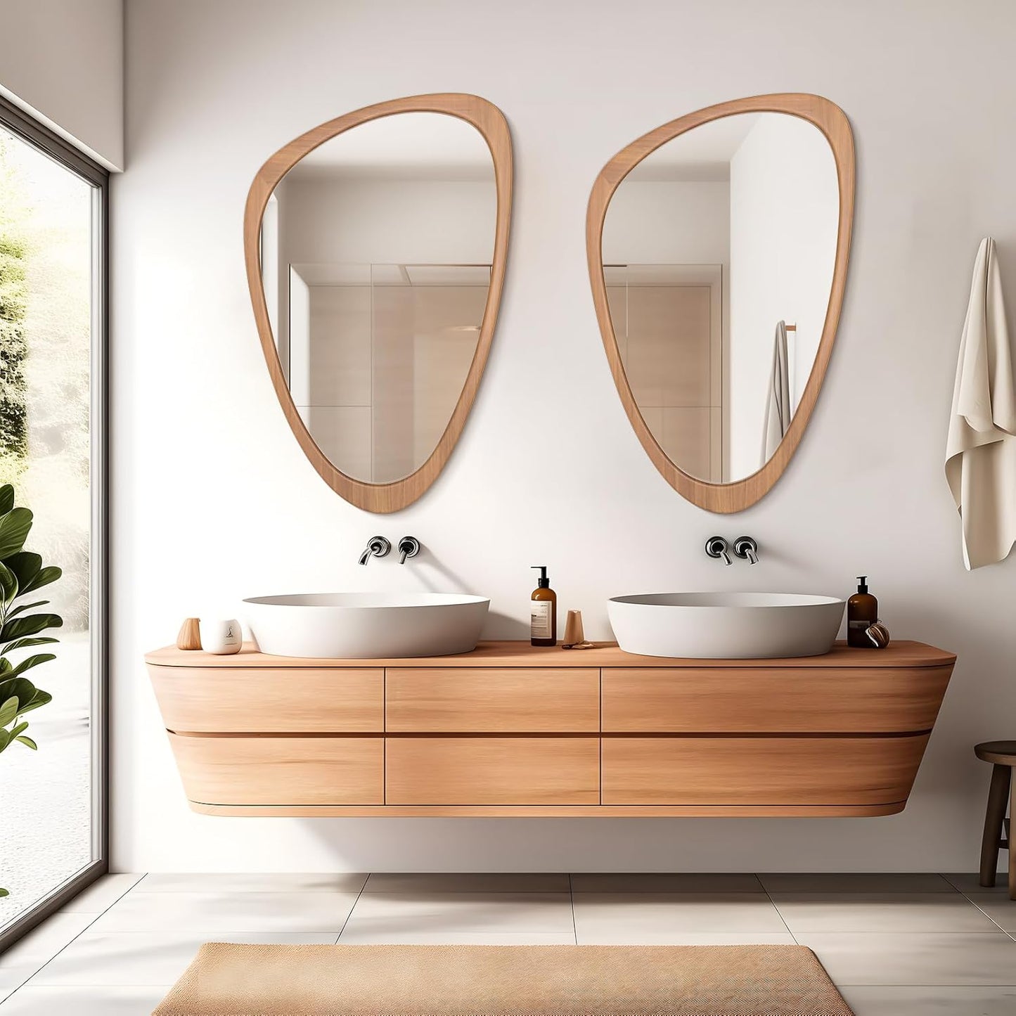 WallBeyond Asymmetrical Mirror, Irregular Wall Mirror, Wall Mirrors Decorative for Bedroom Living Room Entryway Hall, Wood Mirror for mid Century Modern Decor 36" H x 23" W