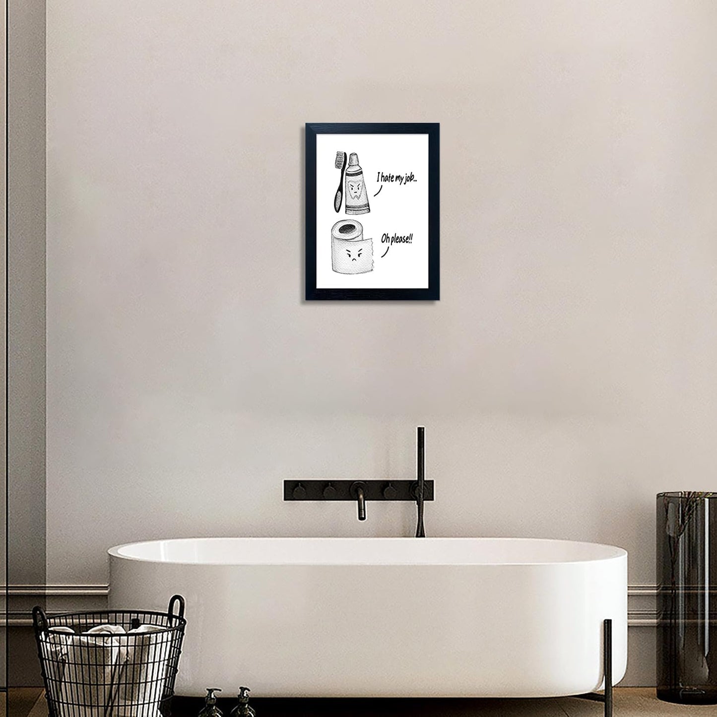 Kids Bathroom Wall Decor Framed Black and White Bathroom Print Funny Toliet Paper and Toothbrush Picture Artwork for Children's Bathroom