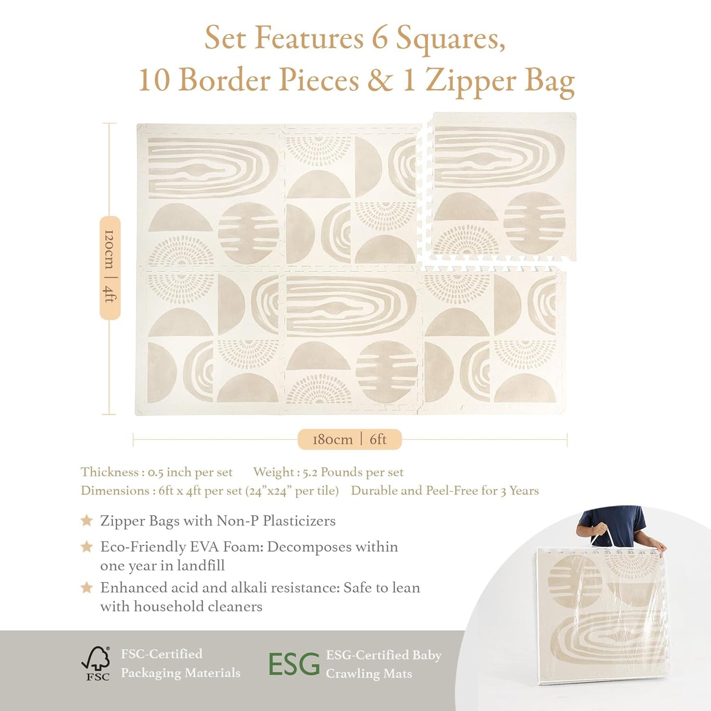 PopsyKosy Premium Exercise & Baby Foam Play Mats - Stylish & Large Non-Toxic Odorless Floor Mat - 6 Tiles - Spacious 6ft x 4ft - Peel-Resistant Reinforced Ver.- Soft Thick, Waterproof - Desert Sand