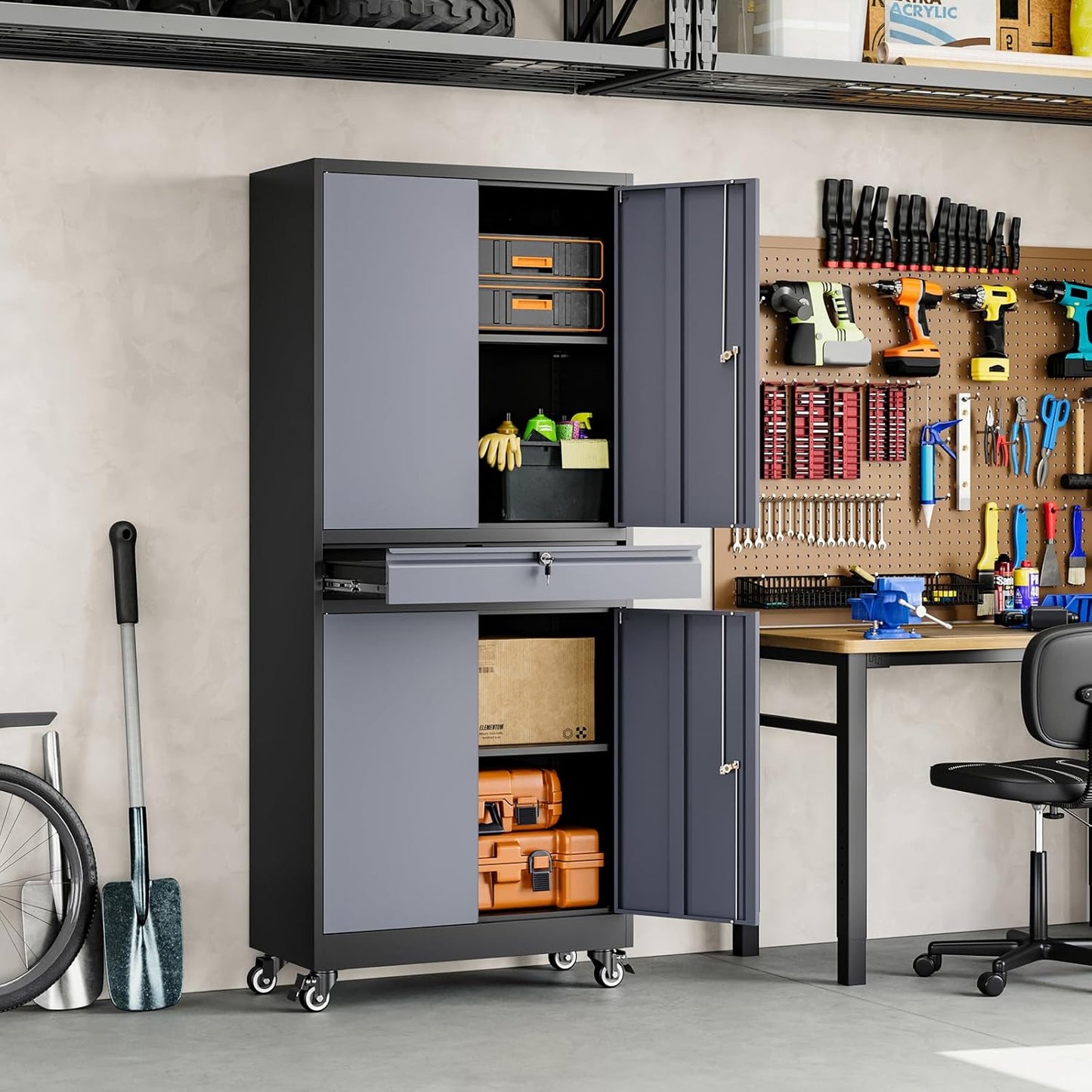 Yizosh Metal Garage Storage Cabinet with Locking Doors and Adjustable Shelves, -73" Steel Rolling Tool Storage Cabinet with 4 Wheels and 1 Drawer for Garage,Office,Warehouse