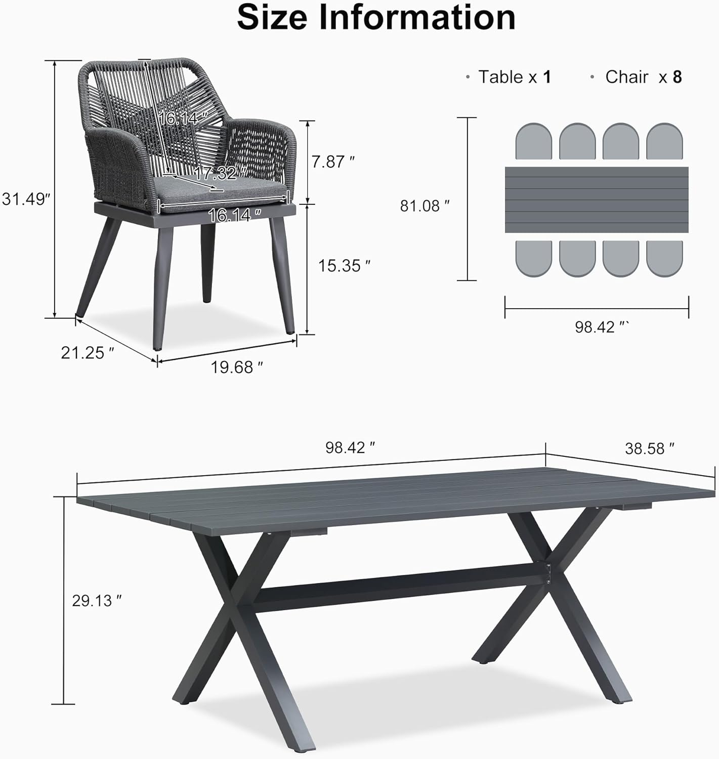 PURPLE LEAF Outdoor Patio Dining Set All-Weather PE Rattan Furniture Set with All Aluminum Frame Rectangular 9 Pieces Table and Chairs Set for 8 People Lawn Garden Backyard Deck, Grey