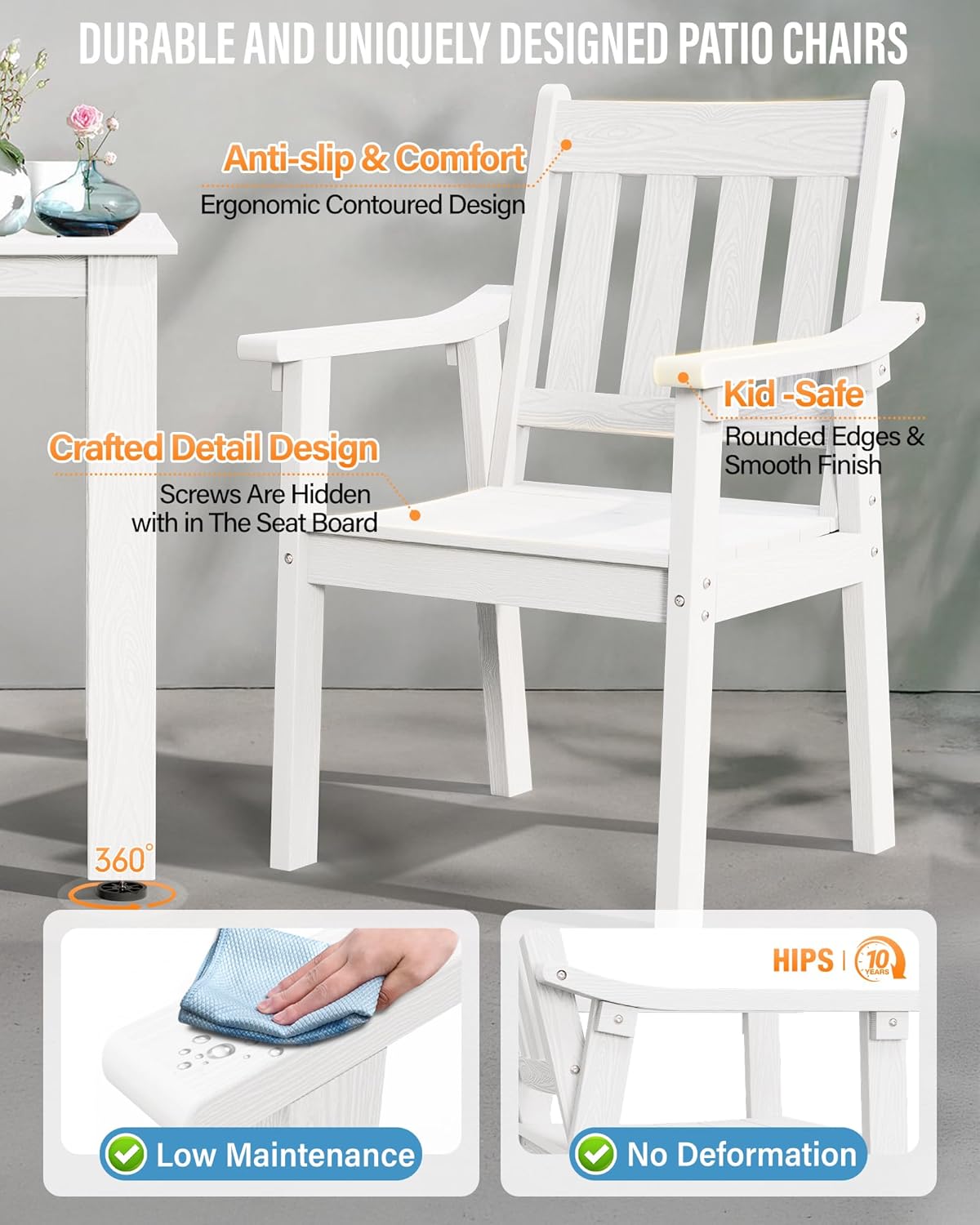 YEFU HIPS Patio Table Set: 7 Piece Outdoor Table and Chairs Dining Furniture Set with Umbrella Hole - White Modern Plastic Dining Sets 6 Person for Outside Deck with Metal Aluminum Frame