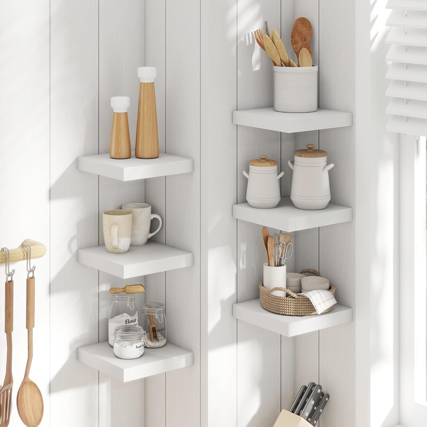 Floating Shelves for Wall with Invisible Brackets, Wall Mounted Engineered Wood Shelves with Wood Grain for Living Room, Bedroom, Bathroom, Kitchen Decor and Storage, Oak, 8"L Set of 3, White