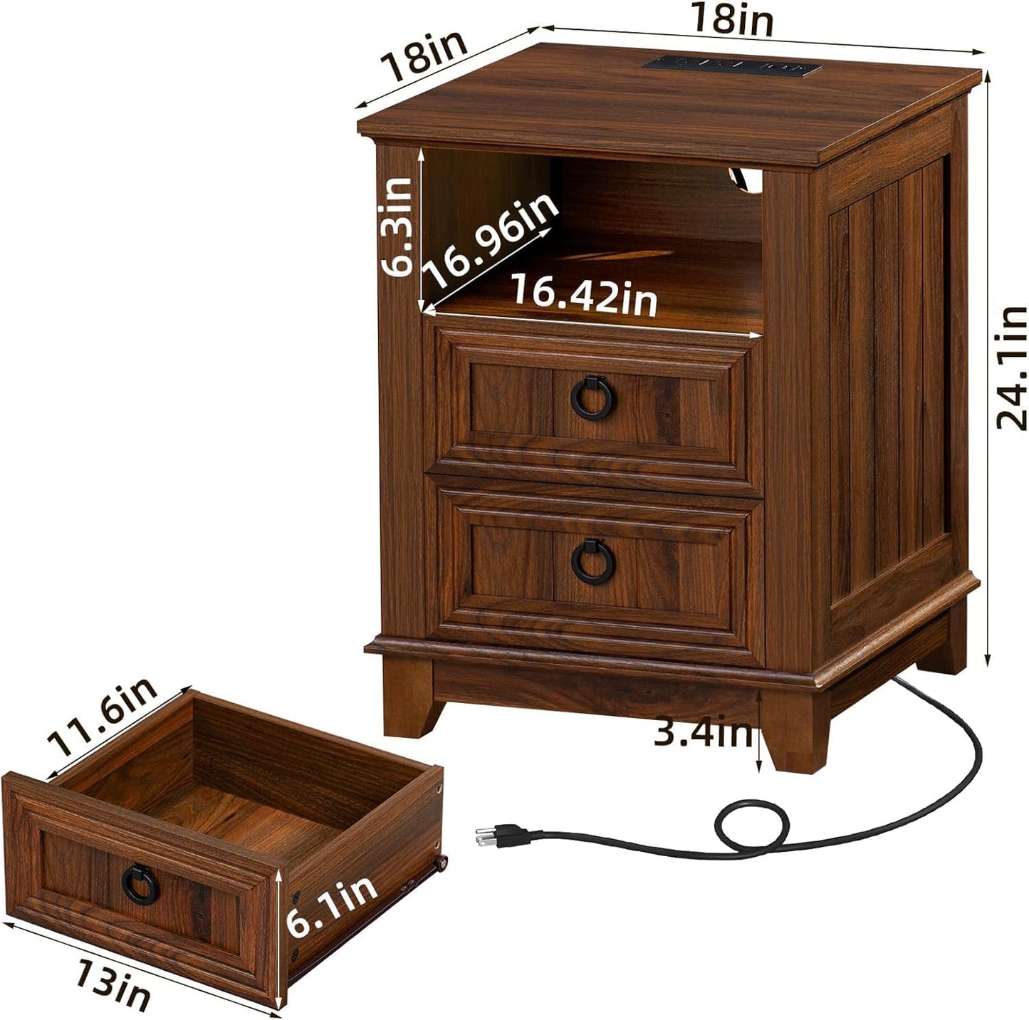 18" Farmhouse Night Stands Set of 2 with Charging Station, 2 & 3 Drawers End Table Dresser for Bedroom, Brown Wooden Nightstand, Bed Side Table with Open Shelf, Bedside Cabinet for Living Room