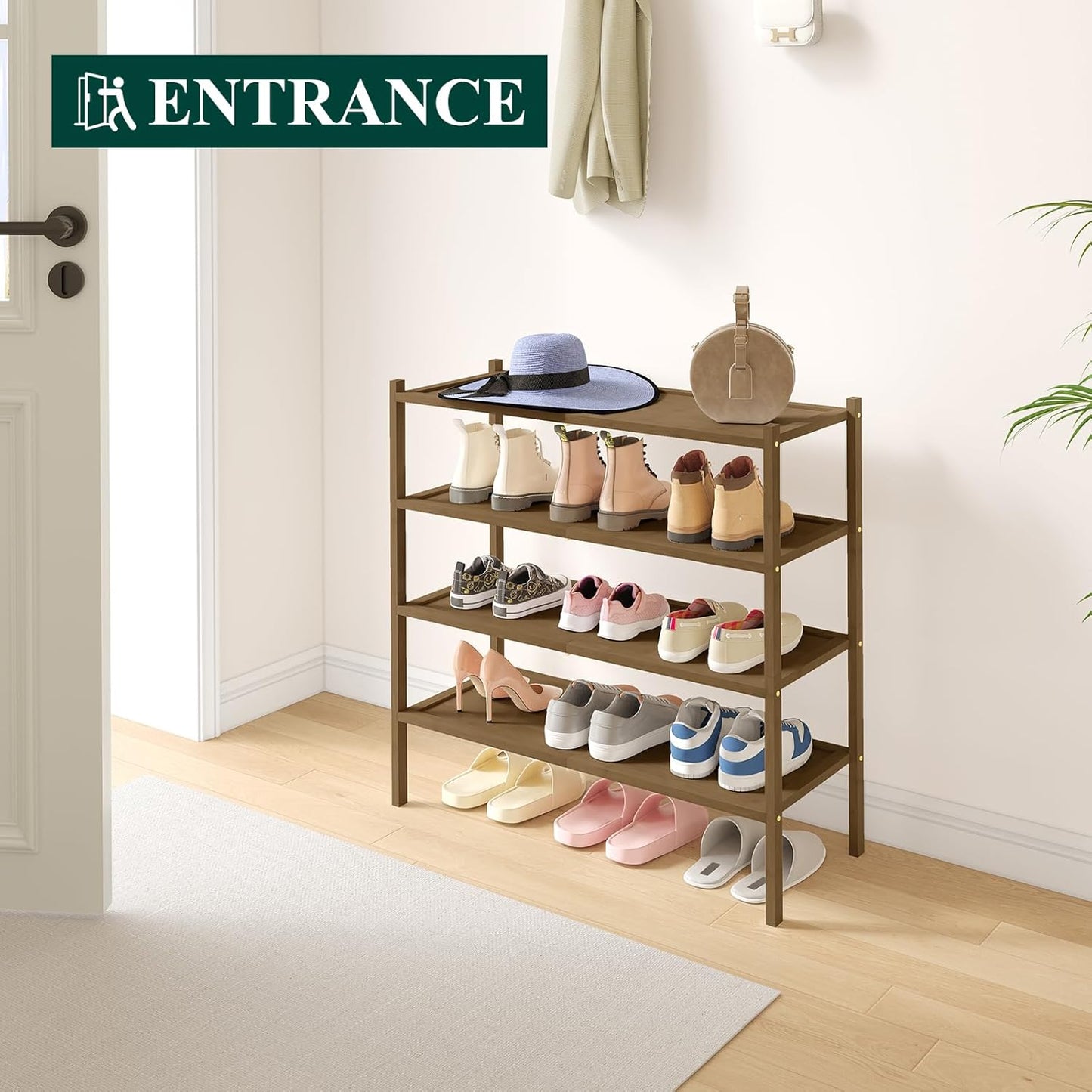 Smiry Bamboo Shoe Rack, 4 Tier Shoe Organizer for Entryway & Closet, Stackable Free Standing Storage Shelf for Shoes, Bags & Plants, Walnut