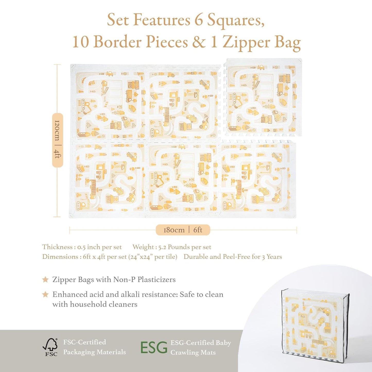 PopsyKosy Premium Baby Foam Play Mats - Stylish Floor & Exercise Puzzle Mat for Toddlers and Kids- 6 Soft, Non-Toxic, Odorless, Peel-Resistant Foam Tiles - 6ft x 4ft - 0.5” inch Thick, Warm Beige