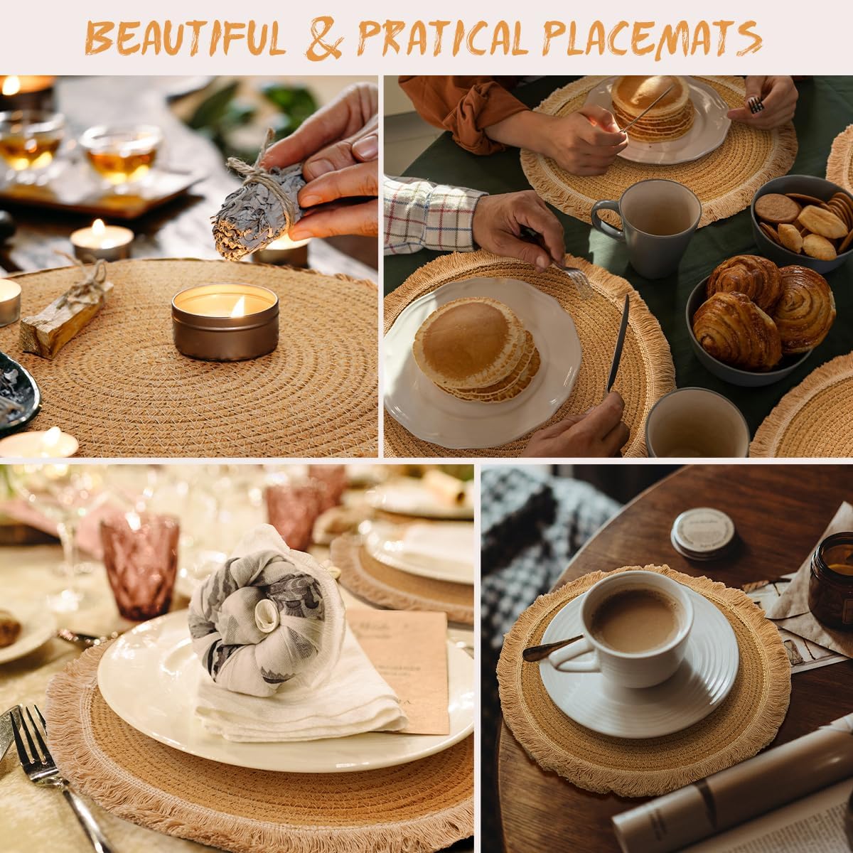 13.8 in Round Woven Placemats Set of 8, Washable Cotton Rope Place Mats for Dining Table Decor, Boho Farmhouse Rustic Table Mats Plate Chargers for Dinner Plates