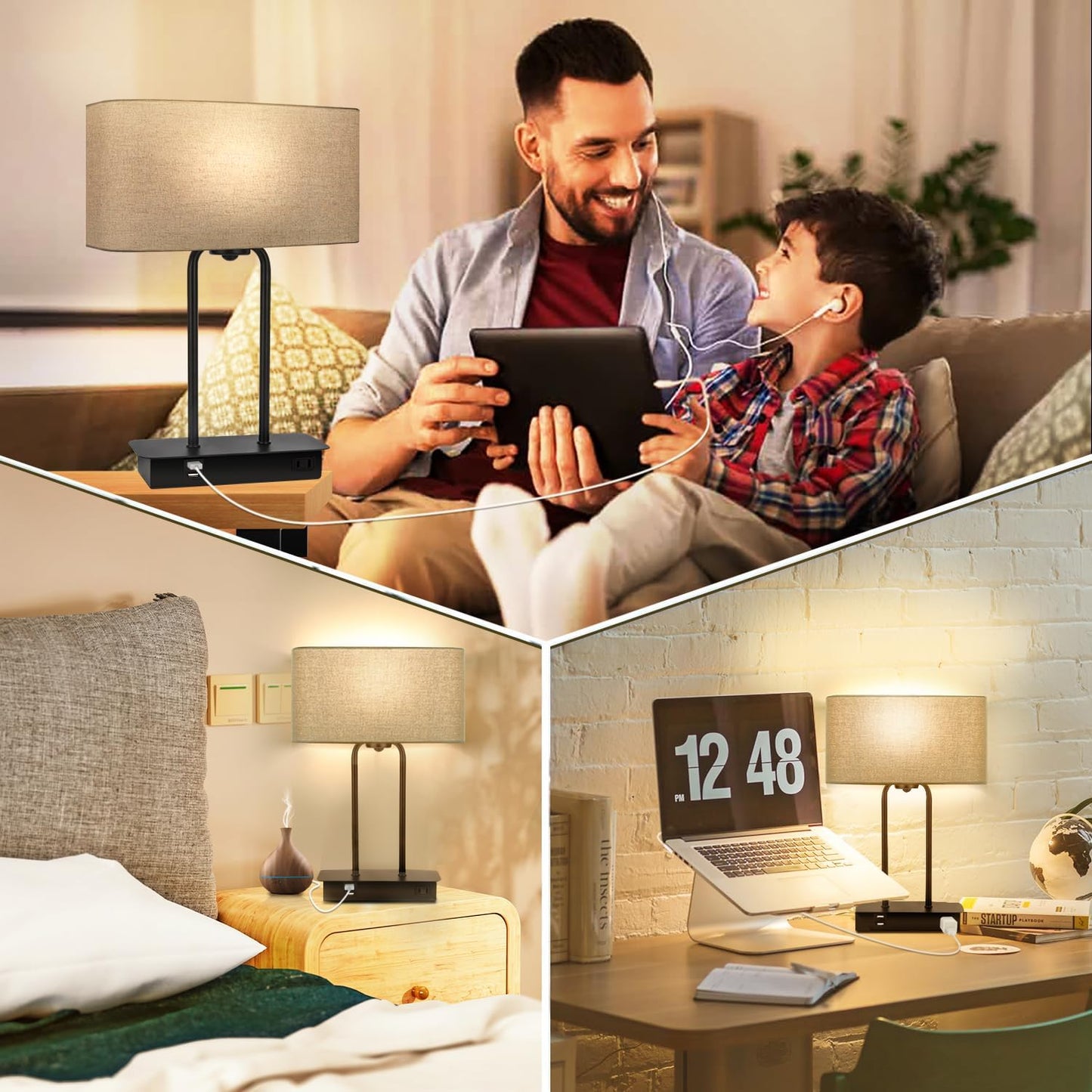 3-Way Dimmable Touch Control Table Lamp with USB Ports and AC Power Outlet Modern Bedside Nightstand Lamp Fabric Shade and Metal Base for Guestroom Bedroom Living Room LED Bulb Included Warm White