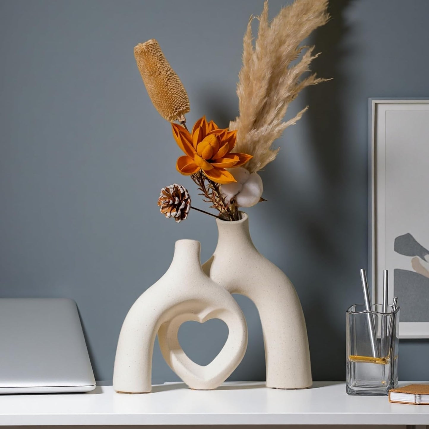 Snuggle Hollow Ceramic Decorative Vase, Modern Minimalist Nordic Boho Ins Style Vases for Home Decor Living Room Shelf Entryway Coffee Table or Console Dรฉcor (Matte Milky White)