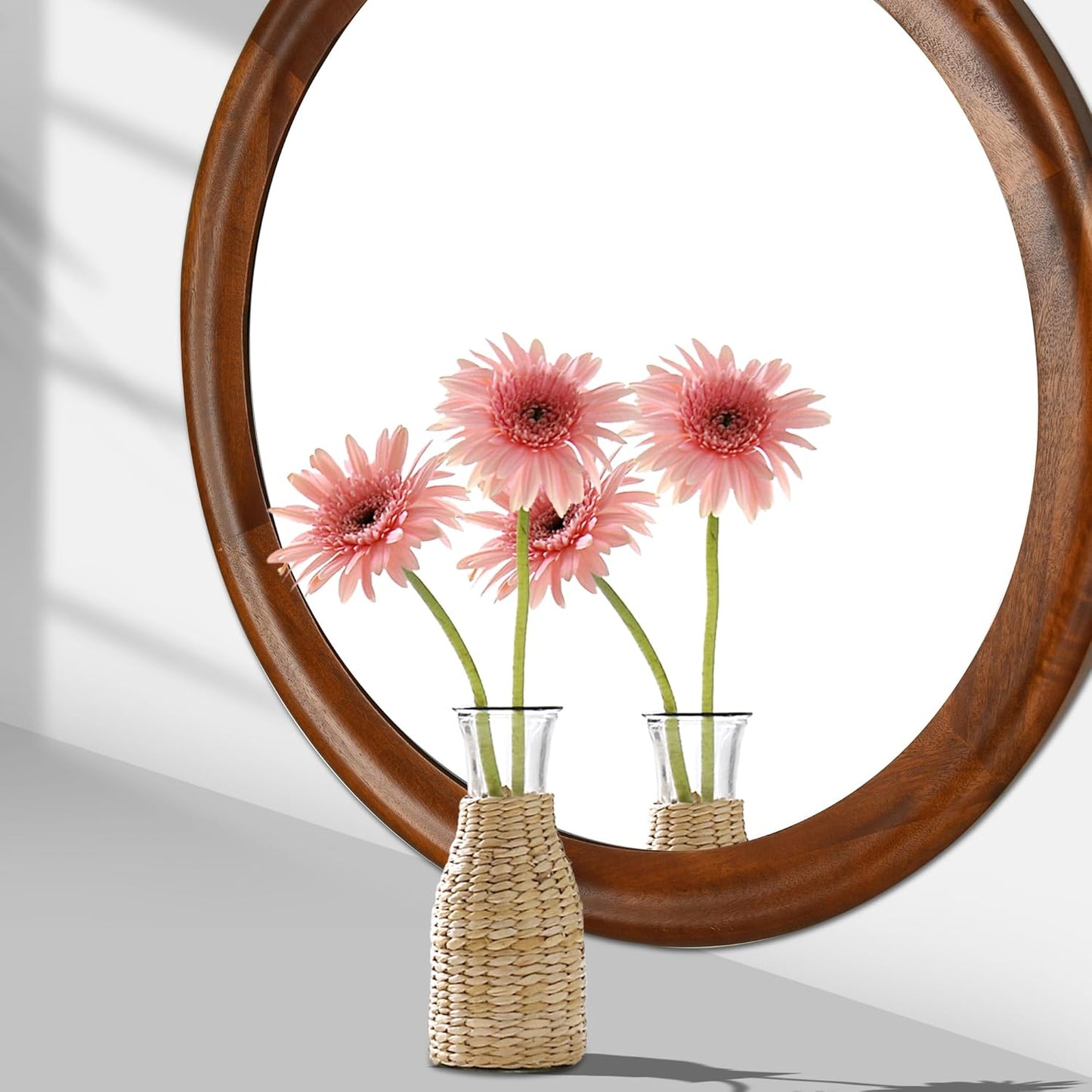 Round Wood Mirrors 30 Inch,Rustic Decorative Transitional Wall Mirror with Walnut Frame for Bathroom,Farmhouse Hanging Vanity Mirror for Entryway Living Room or Bedroom