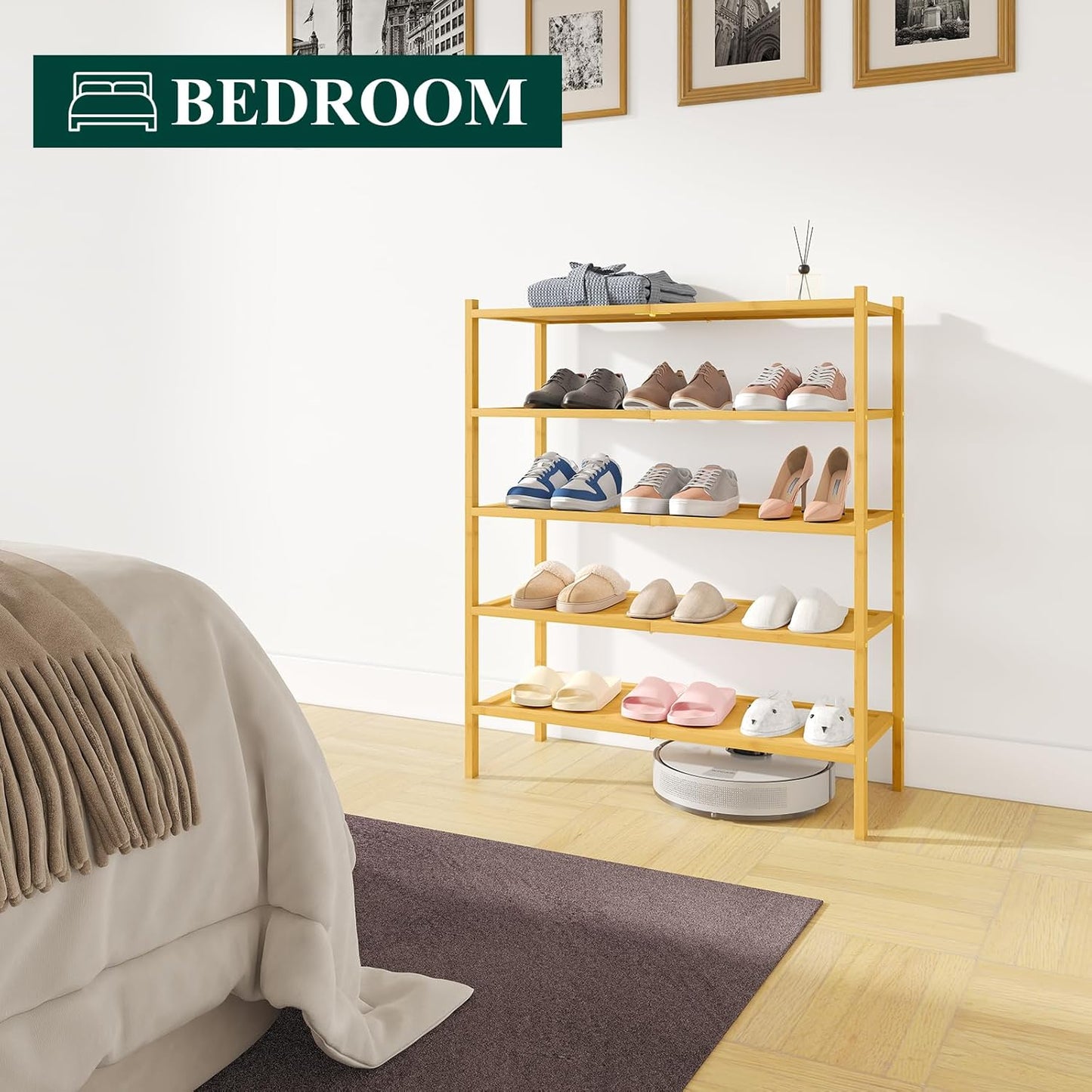 Smiry Bamboo Shoe Rack, 5 Tier Shoe Organizer for Entryway & Closet, Stackable Free Standing Storage Shelf for Shoes, Bags & Plants, Natural