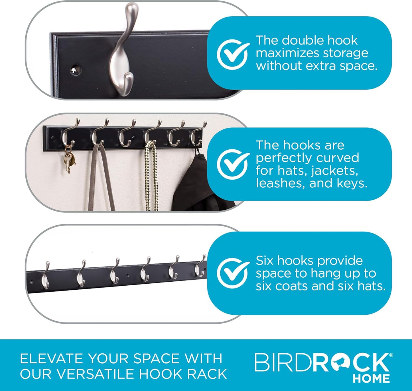 BIRDROCK HOME Oval Hook Coat and Hat Rack | 6 Hooks | Wall Mount | Black Finish | Satin Nickel Hooks