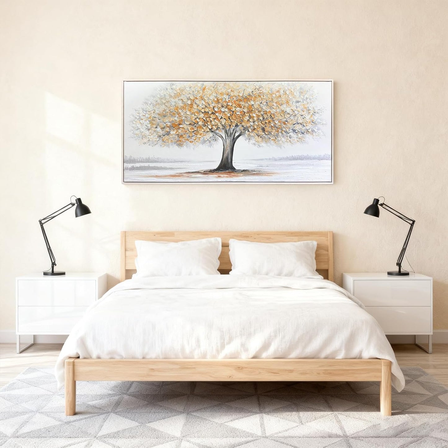 White Tree of Life Canvas Wall Art, Modern Abstract Textured Painting, Large Framed Panoramic Landscape Artwork for Living Room, Bedroom, Office, Home Decor 40"x20"