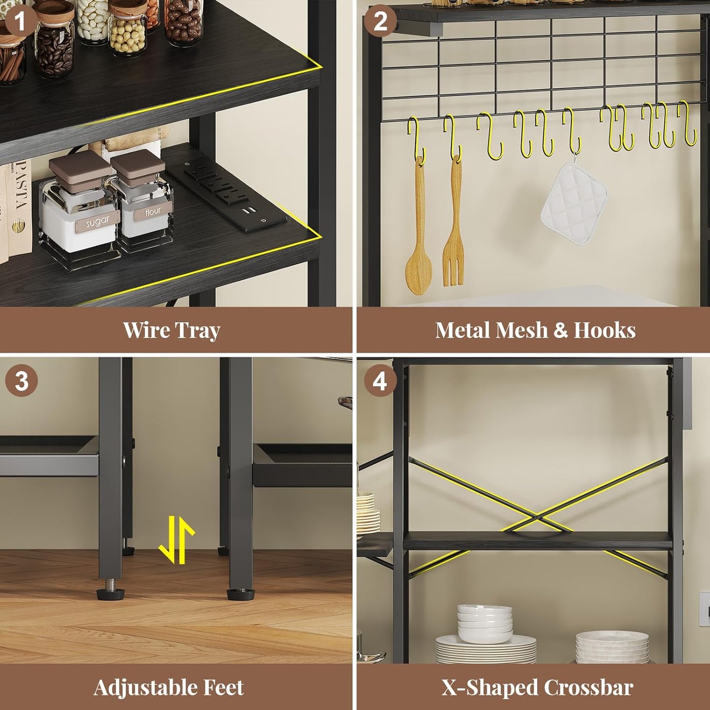 L-Shaped Bakers Rack with Power Outlet, 6-Tier Microwave Stand with Open Storage, Coffee Bar with Hooks, Mesh Grid, Kitchen Shelf with Wire Basket, Black