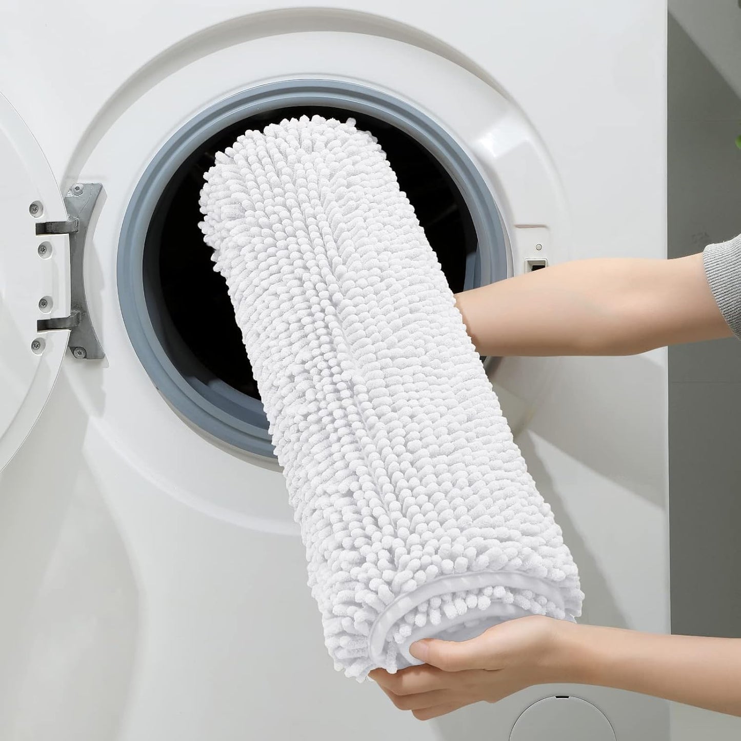 HOMEIDEAS 3 Pieces Bathroom Rugs, Ultra Soft Non Slip Absorbent Chenille Toilet Bath Mat Set (White,17"x24"+20"x32"+U Shape 20"x24")