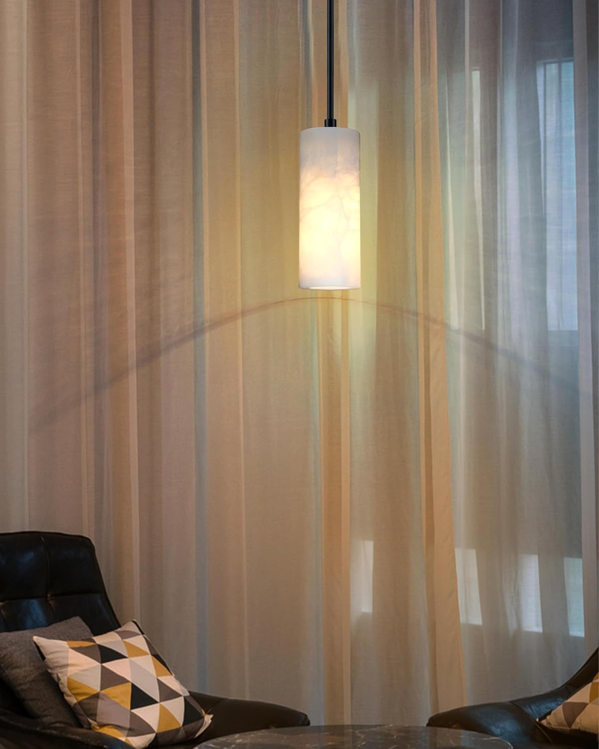 1 Light Modern Industrial Farmhouse Hanging Kitchen Island Pendant Ceiling Light Fixture,Cylinder Natural Alabaster Marble Black Finish Over Sink Restaurant bar Corridor