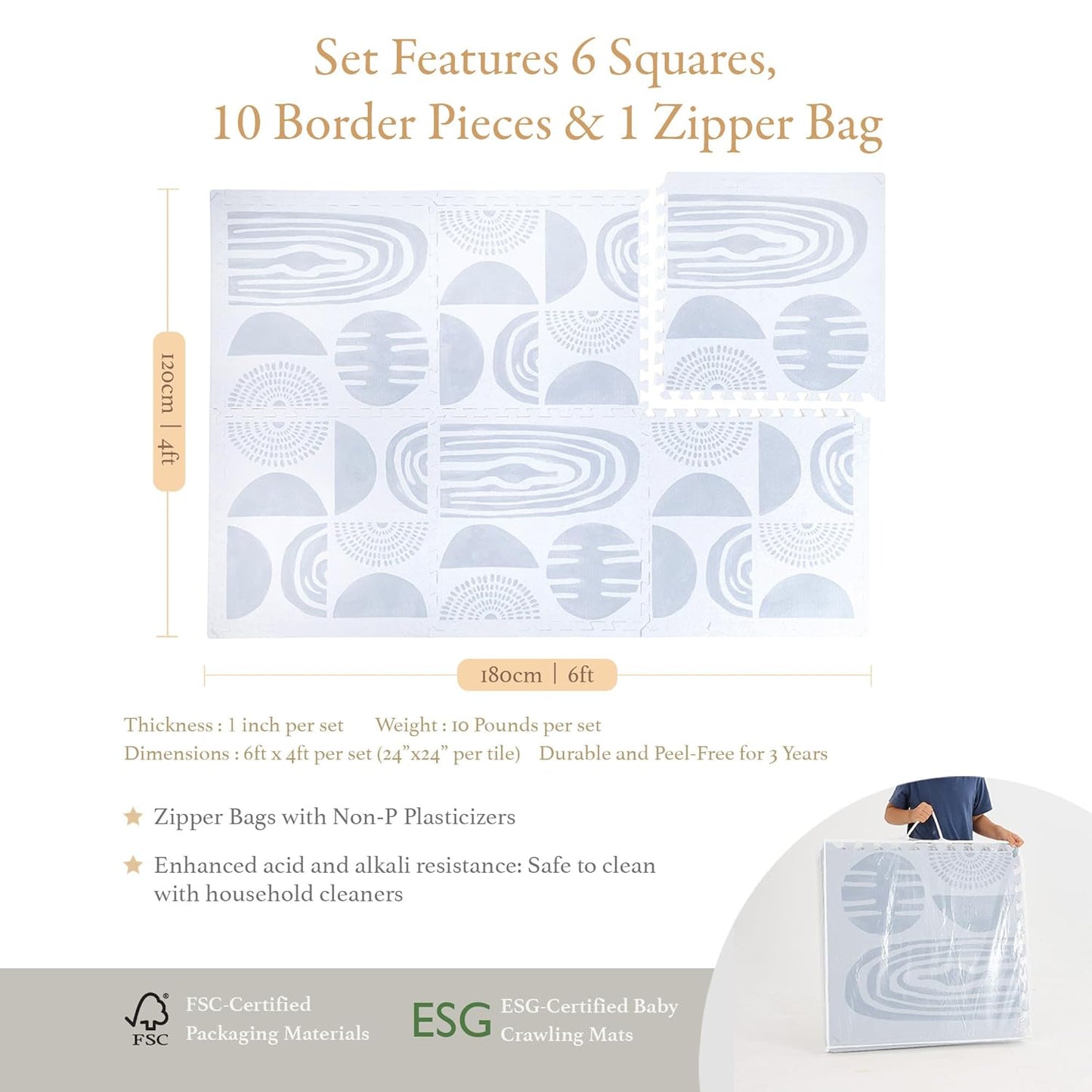 PopsyKosy Super 1 Inch Thick Premium Quality Exercise & Baby Foam Play Mats - Expandable & Large Non-Toxic Odorless Floor Mat - 6 Tiles Spacious 6x4ft - Peel-Resistant - Foggy Gray