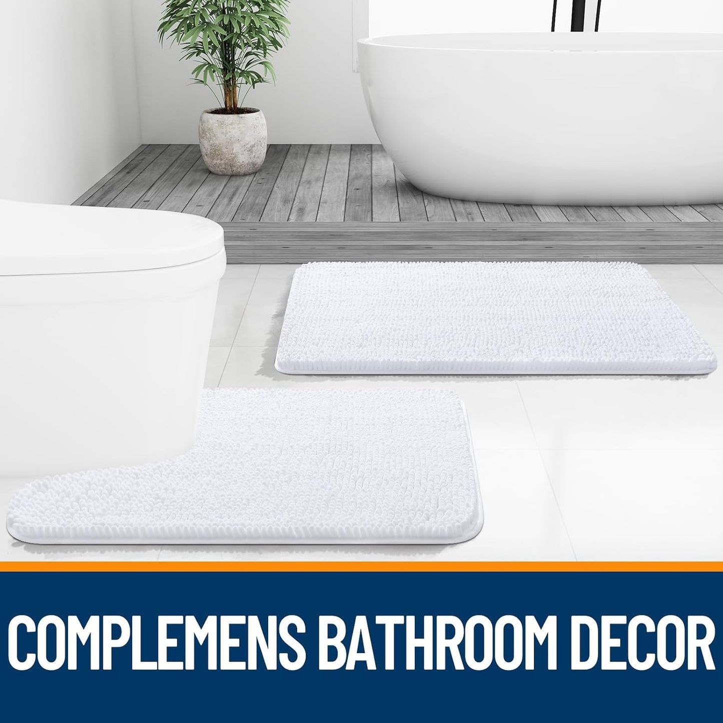 OLANLY Bathroom Rugs Sets 2 Piece, Soft Absorbent Chenille Bath Mats and U-Shaped Contour Toilet Mat Area Rug Set, Machine Washable Bath Carpet, Home Decor Accessories(36"x24"+24"x20", White)