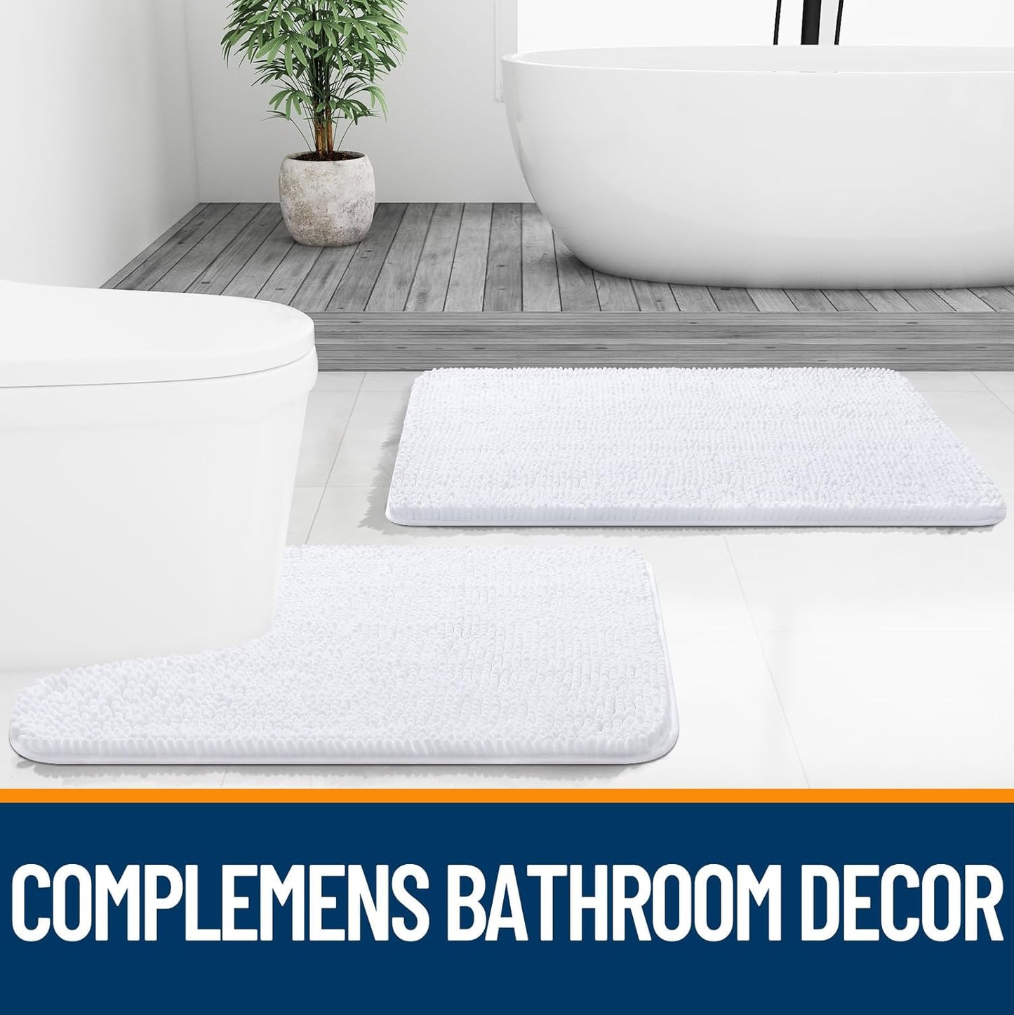 OLANLY Bathroom Rugs Sets 2 Piece, Soft Absorbent Chenille Bath Mats and U-Shaped Contour Toilet Mat Area Rug Set, Machine Washable Bath Carpet, Home Decor Accessories(30"x20"+24"x20", White)