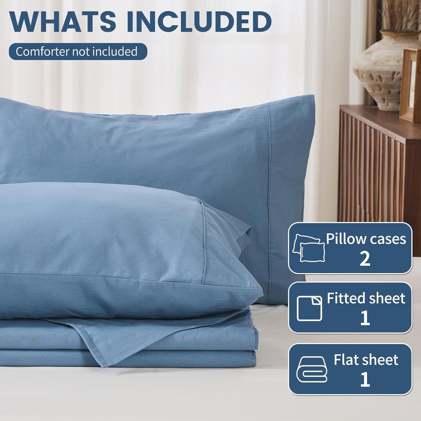 100% Linen Sheets King Size,Breathable & Durable 4-Piece Bed Flax Sheet Set,Soft All-Season Bedding for Hot Sleepers 16" Deep Pocket Oeko-TEX Certified,(King, Dusty Blue)