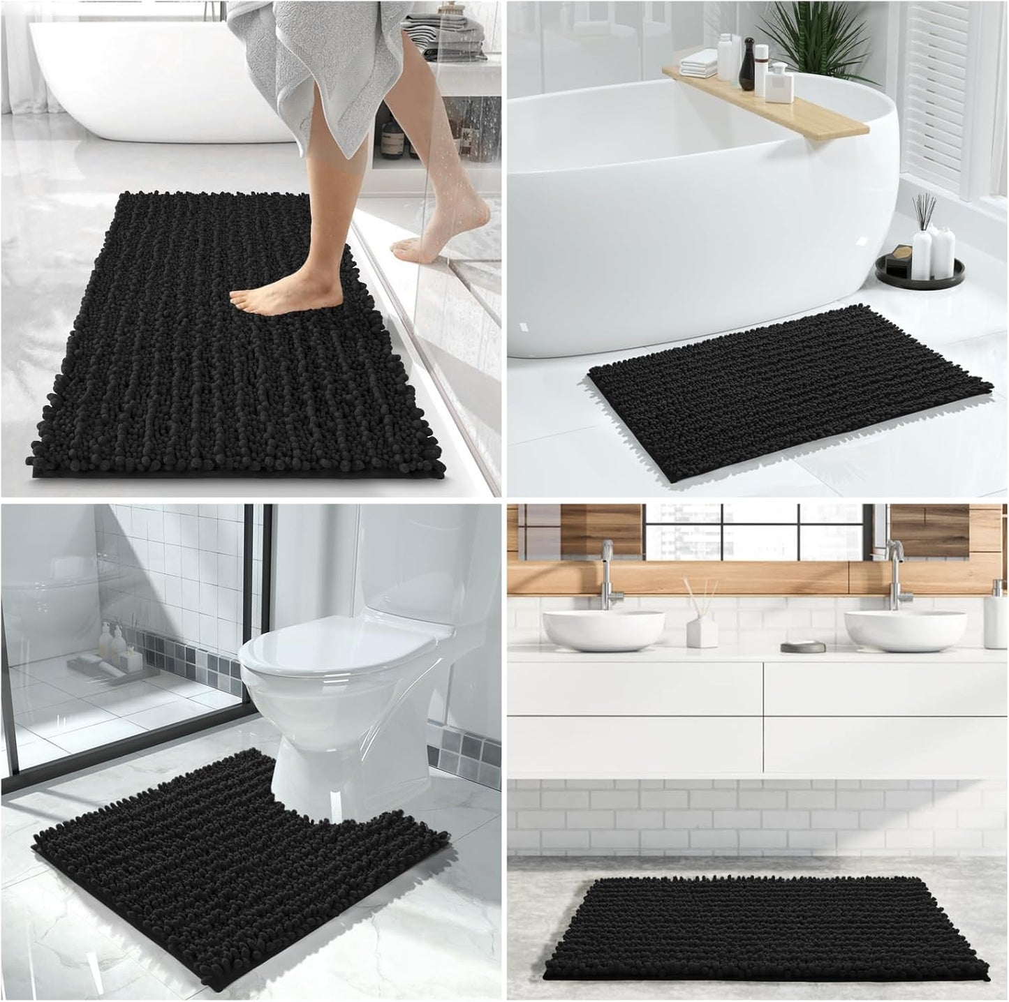 Yimobra Bathroom Rugs Sets 2 Piece - Quick Dry Extra Thick Luxury Chenille Bath Mat, Non Slip Super Absorbent for Tub Shower Sink, Machine Washable Shaggy Floor Mat, 32"x20"+24"x20" Inch, Black