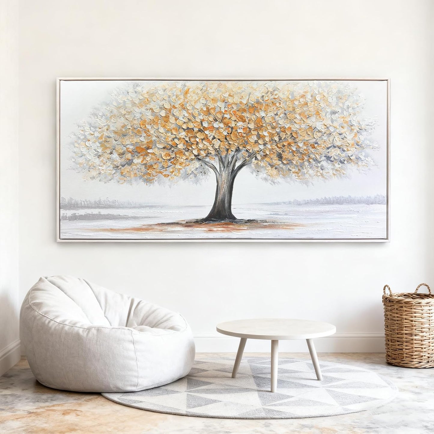White Tree of Life Canvas Wall Art, Modern Abstract Textured Painting, Large Framed Panoramic Landscape Artwork for Living Room, Bedroom, Office, Home Decor 48"x24"