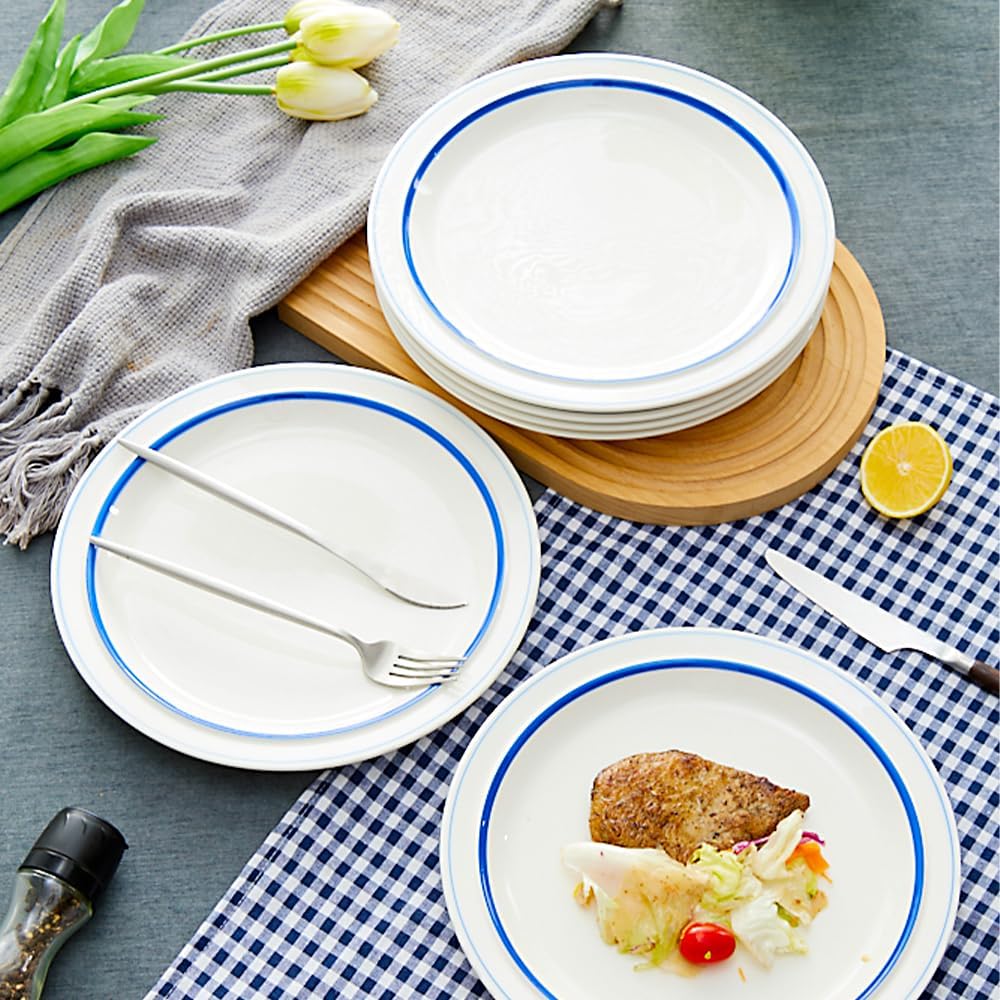 10.5-inch Porcelain Dinner Plate Set of 6 - Microwave, Oven and Dishwasher Safe, Scratch Resistant. (Scuba Blue)