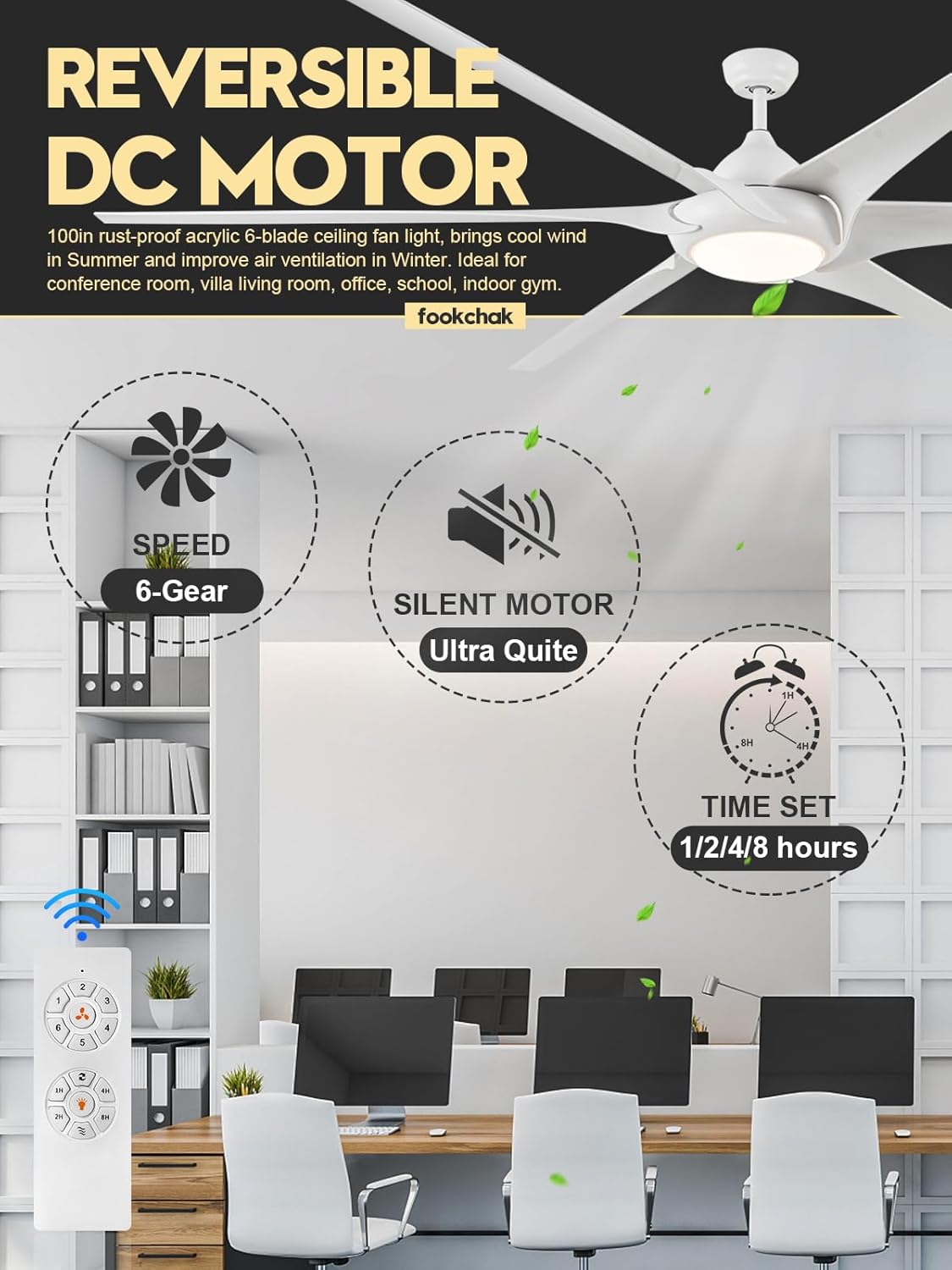 100in White Large Ceiling Fan with Lights Remote Control 6-Blade Outdoor Ceiling Fan Light for Patio, Multi-Speed Reversible Airflow for Garage Home Office Gym Room Living Room