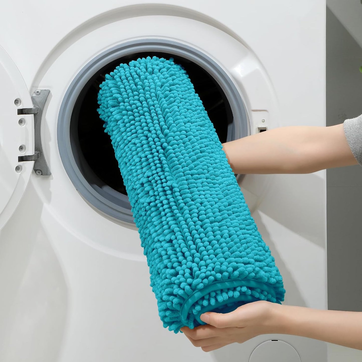 HOMEIDEAS 3 Pieces Bathroom Rugs, Ultra Soft Non Slip Absorbent Chenille Toilet Bath Mat Set (Teal Blue,17"x24"+20"x32"+U Shape 20"x24")