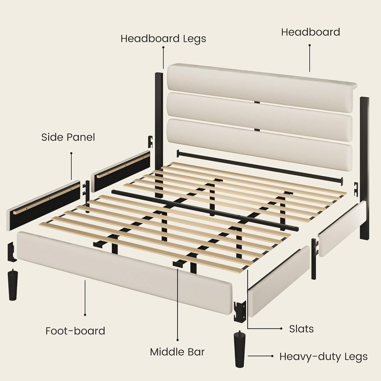 King Bed Frame, Platform Bed with Velvet Upholstered Headboard, No Box Spring Needed, Sturdy Metal Support, Noise Free, Easy Assembly, Mattress Foundation, Modern Bedroom Furniture, Beige