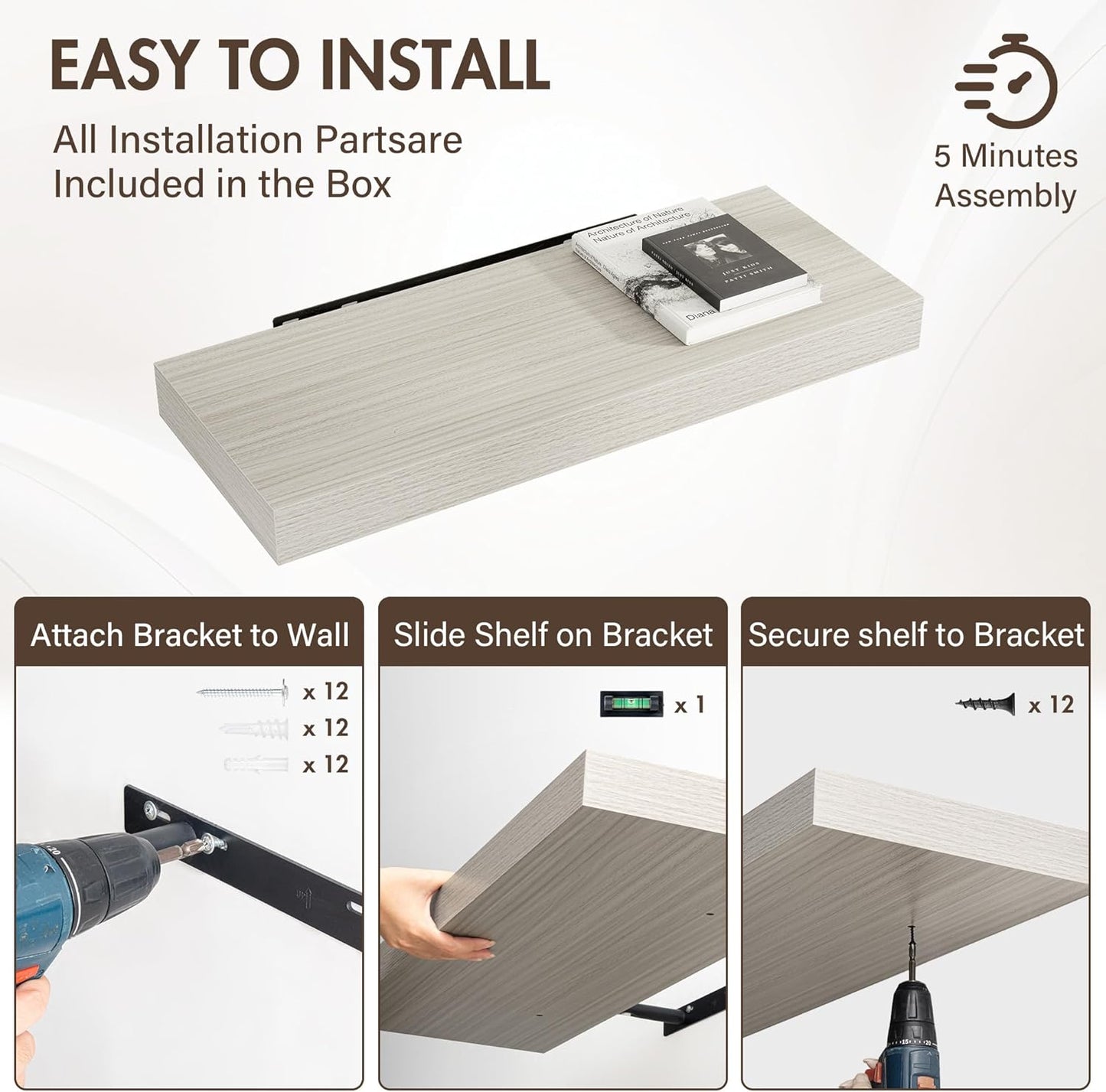 30 Inch Floating Shelves, 12" Deep Floating Shelf Wall Mounted, 30" Wall Shelves, Rustic Deep Bookshelf, Extra Deeper & Thicker Display Shelves for Bedroom, Living Room, Gray, Set of 2