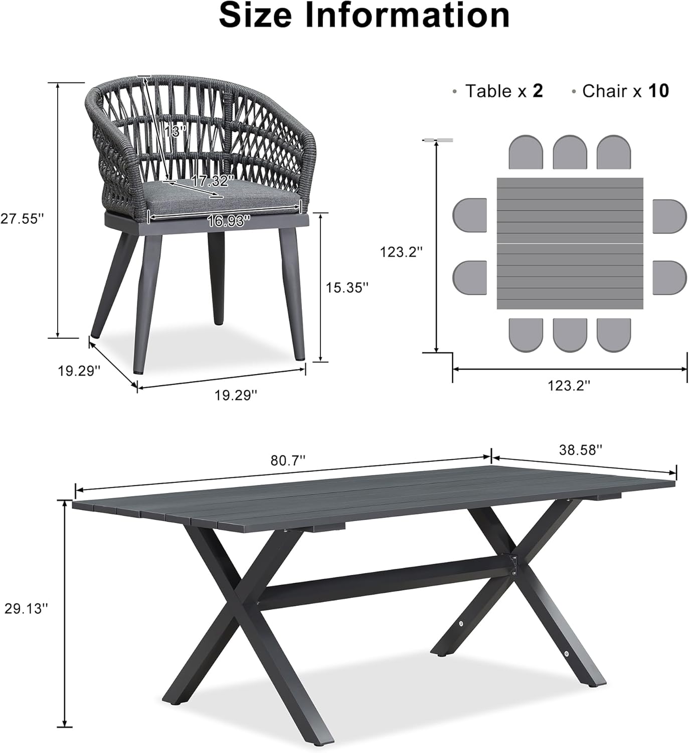 PURPLE LEAF 12 Pieces Outdoor Dining Set All-Weather PE Rattan Outdoor Patio Furniture Set with All Aluminum Frame Rectangular Table and Chairs Set for Lawn Garden Backyard Deck, Grey