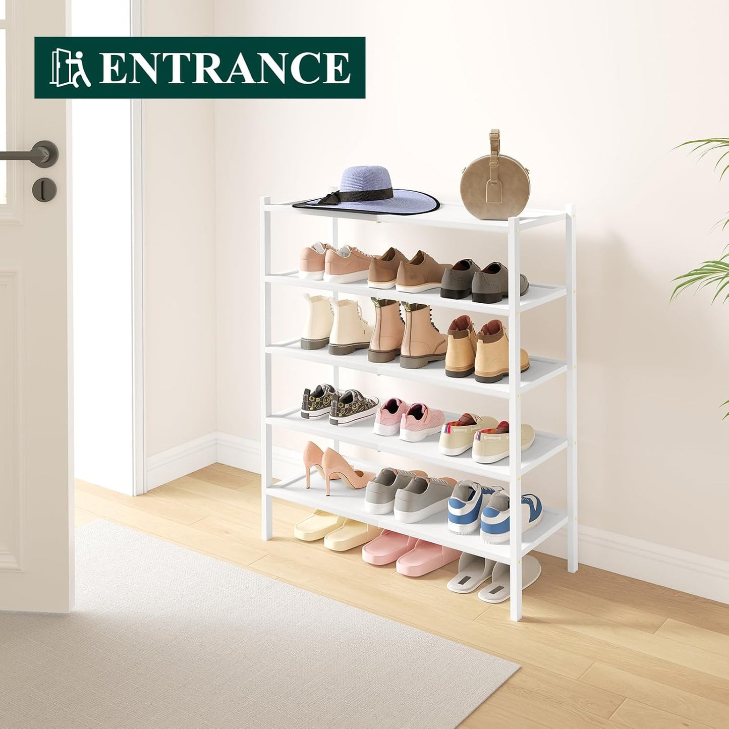 Smiry Bamboo Shoe Rack, 5 Tier Shoe Organizer for Entryway & Closet, Stackable Free Standing Storage Shelf for Shoes, Bags & Plants, White