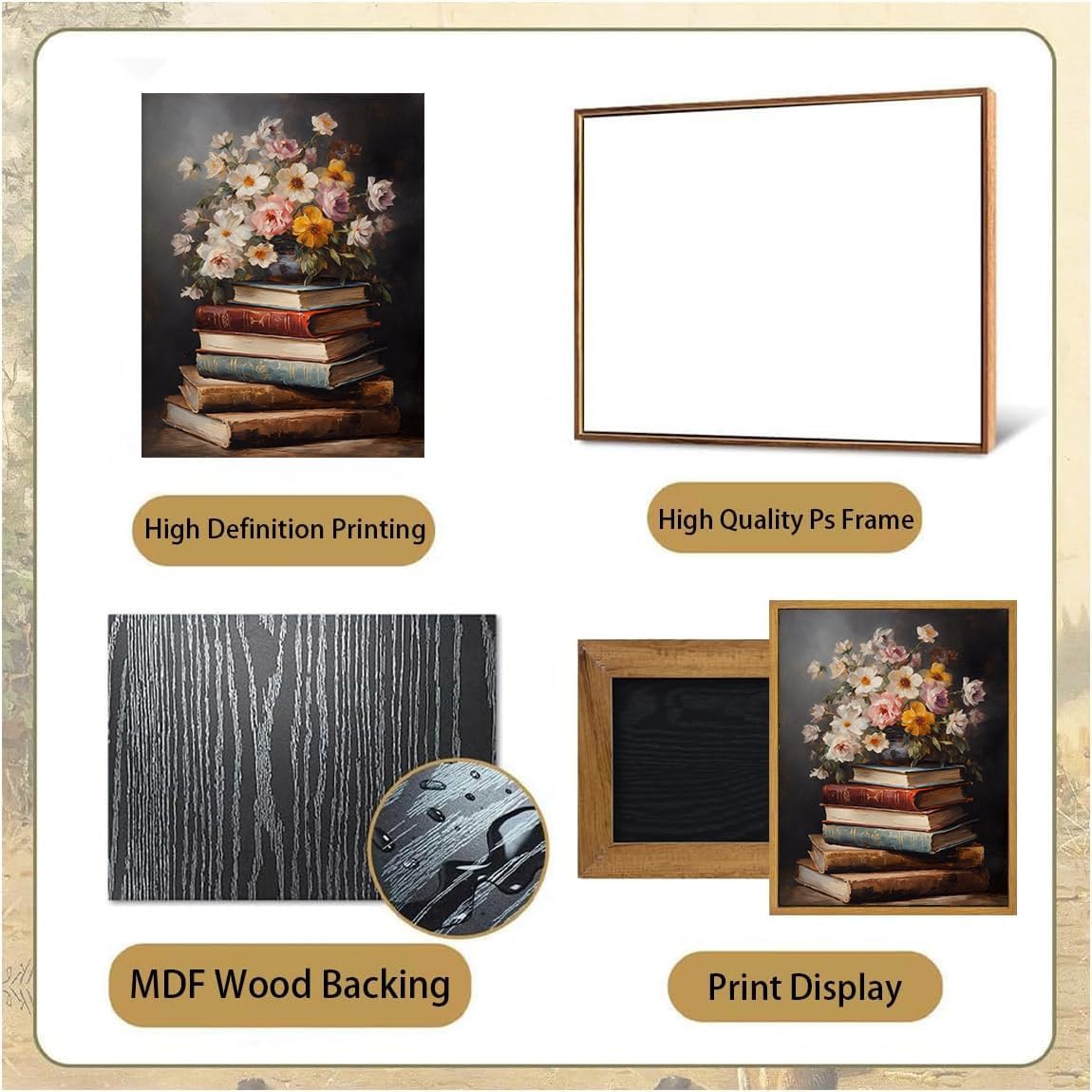 Djmwtb Vintage Framed Wall Art Floral Canvas Wall Art Prints Moody Flower Book Pictures Painting Wall Decor Artwork for Living Room Bedroom Bathroom Office 16x24in