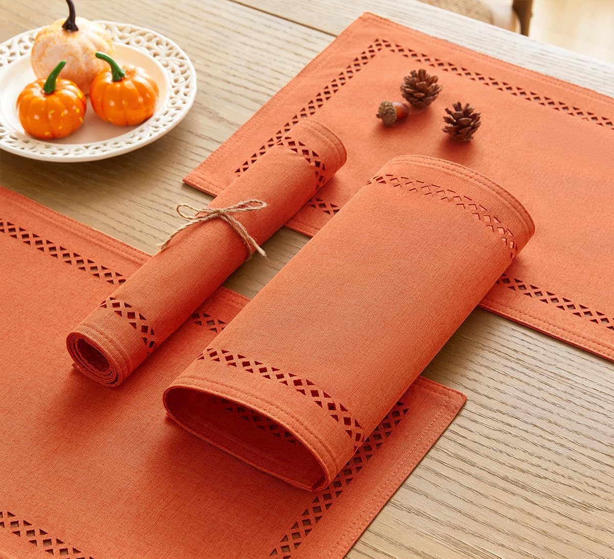 Fall Placemats Set of 6, 12 x 18 Inch Rustic Geometric Hollow Place Mats, Orange Heat Resistant Placemats for Autumn Thanksgiving Farmhouse Table Decor, Orange 6PCS