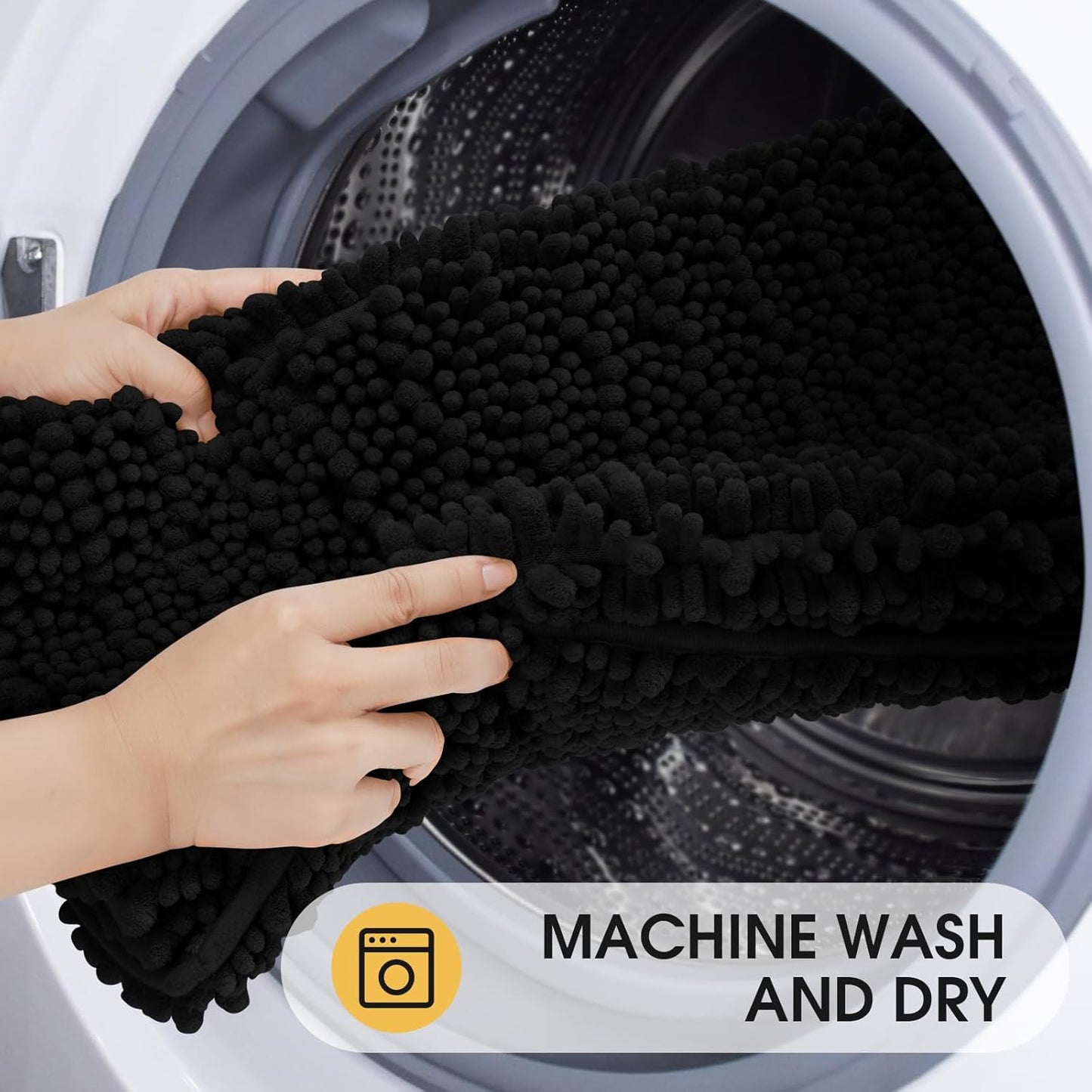 ACCUMTEK Upgrade Luxury 2 Piece Black Toilet Bathroom Rug Mat 32"x20"+24"x17", Ultra Soft Thick Absorbent Bath Mats, Non Slip Chenille Toilet Mat for Bathroom, Bedroom, Kitchen, Shower, Tub